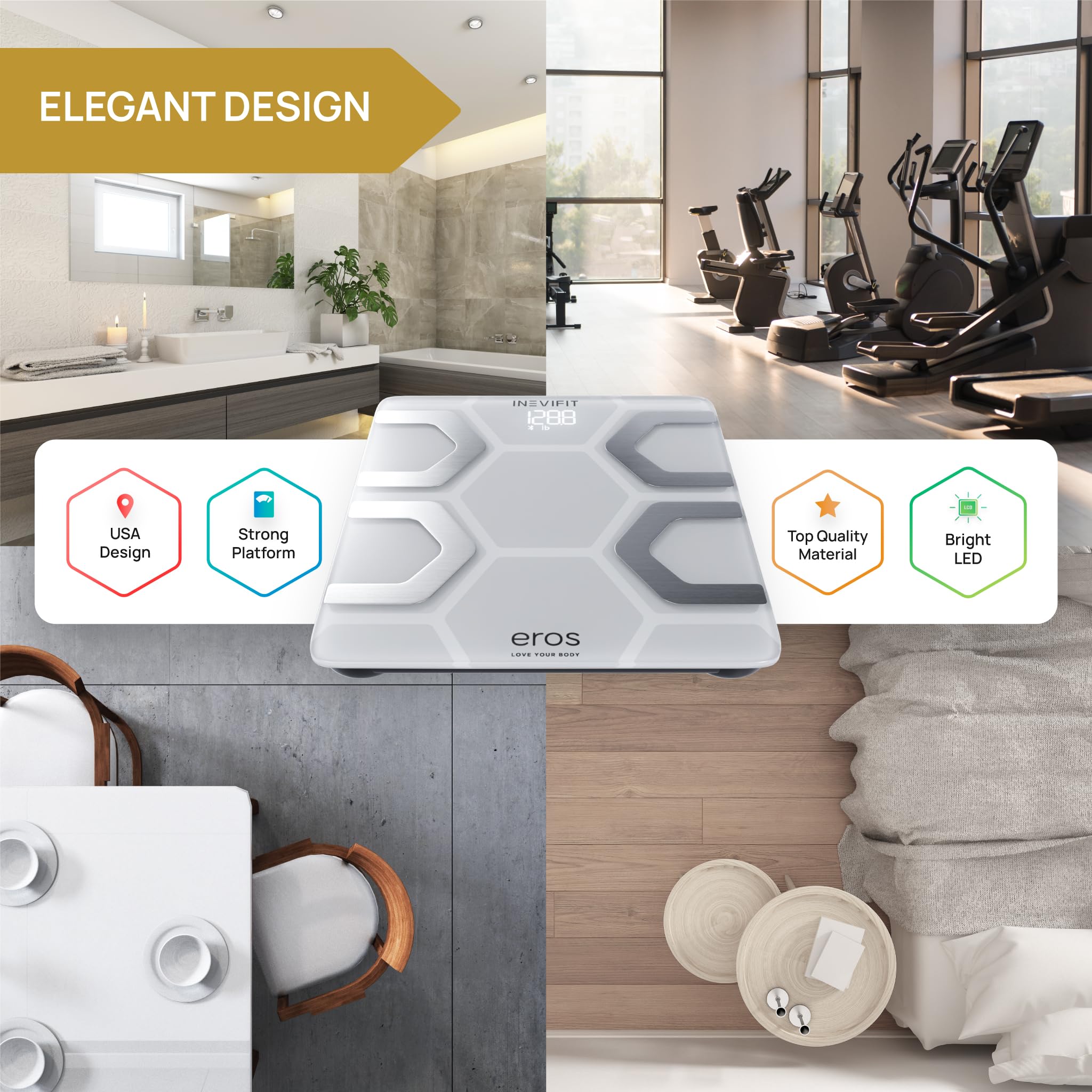 INEVIFIT EROS Bluetooth Smart Scale - Digital Body Fat & BMI Analyzer with Wireless App, Highly Accurate Bathroom Weight Scale for Health Tracking, 400 lbs Capacity, 11.8 x 11.8 Inches (White) - Perfect for Home Gym, Fitness Enthusiasts & Weight Loss Journeys