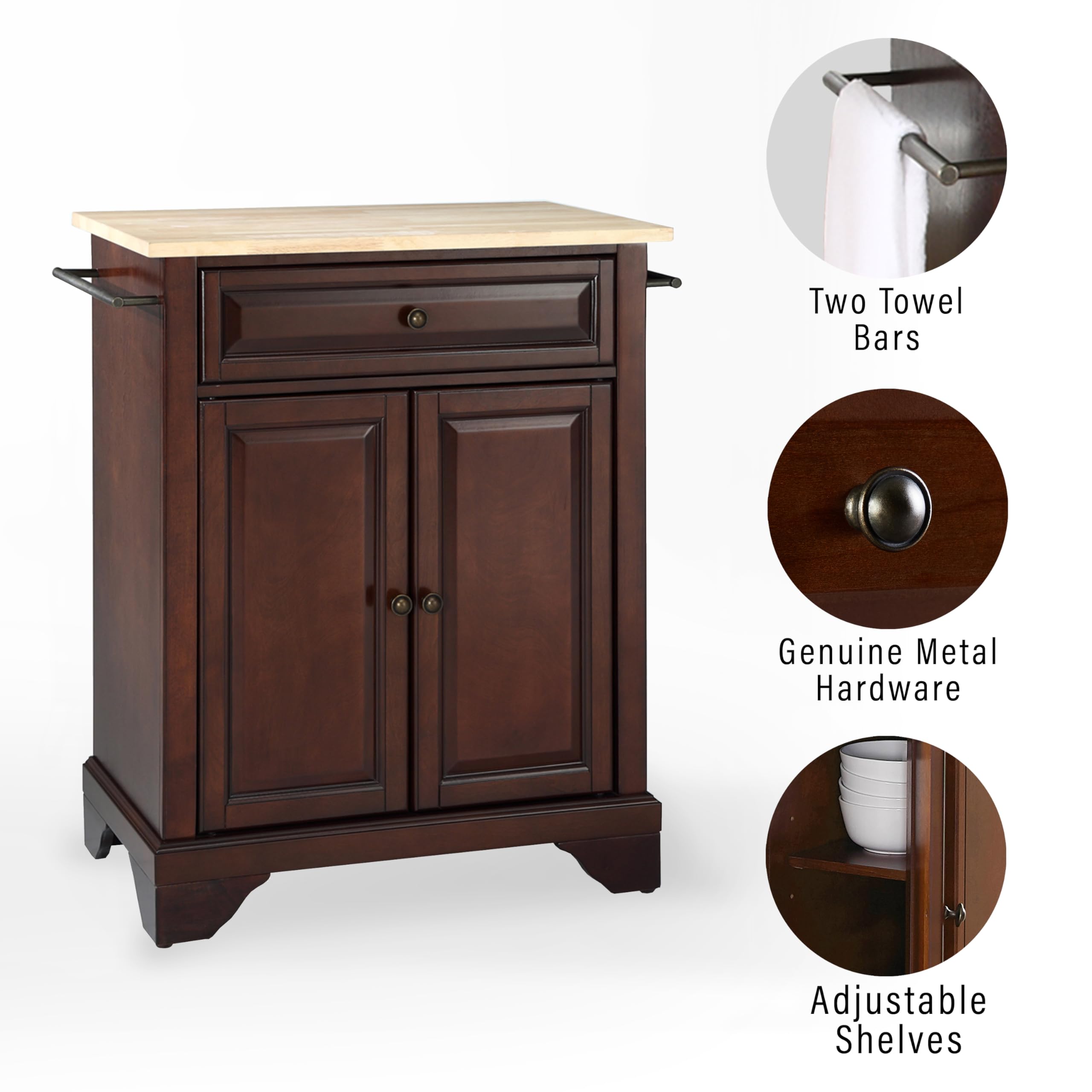 Crosley Lafayette Wood Top Portable Kitchen Island Cart with Wheels - Microwave Stand, Storage Cabinet, Mahogany Finish for Small Spaces - Perfect for Apartments, Dorms & Compact Kitchens