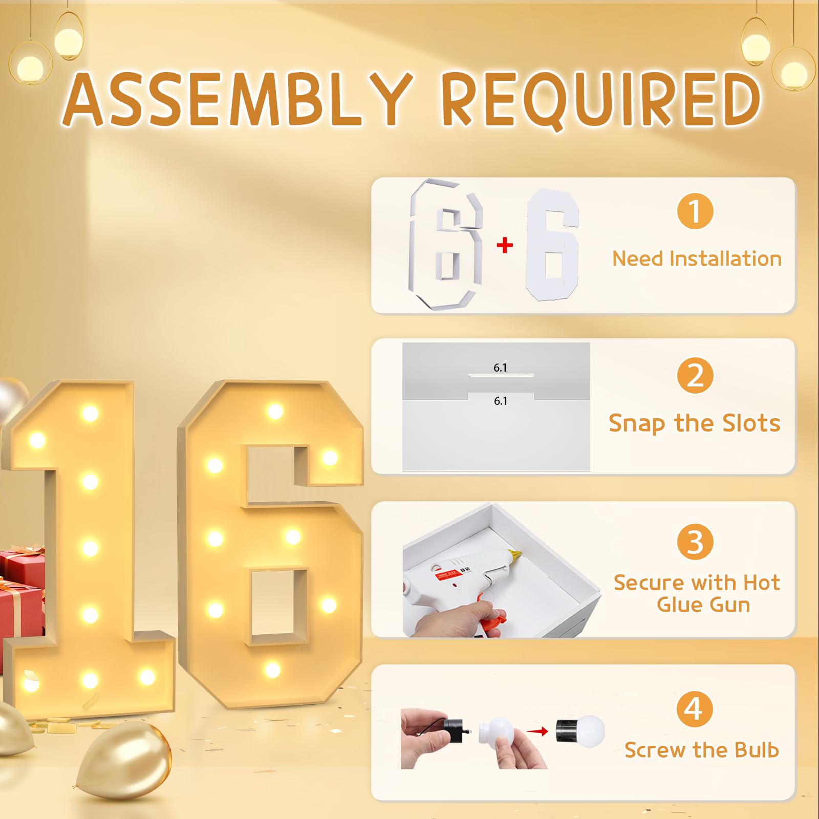 imprsv 3FT Light Up Number 16 - Large LED Birthday Decorations for Sweet 16 Parties, Anniversary Celebrations | Perfect for Girls & Boys Birthday Backdrops, Photo Booths, and Party Room Decor