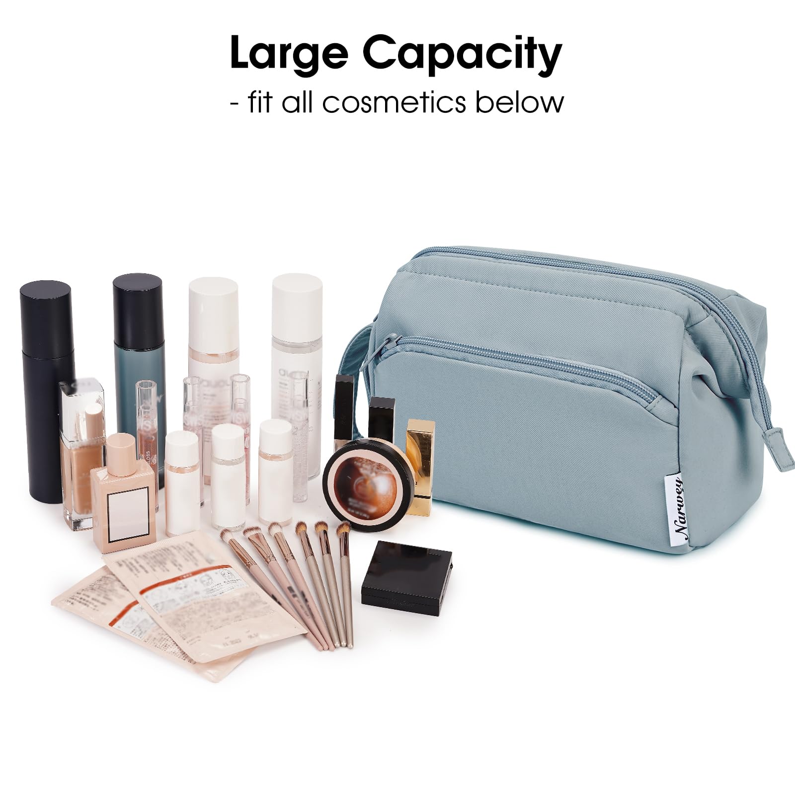 Narwey Large Open Makeup Bag for Women - Travel Cosmetic Organizer & Toiletry Pouch for Cosmetics, Brushes, Skincare Essentials (Grey Blue) - Perfect for Travel, Gym, Daily Use & Gift Giving