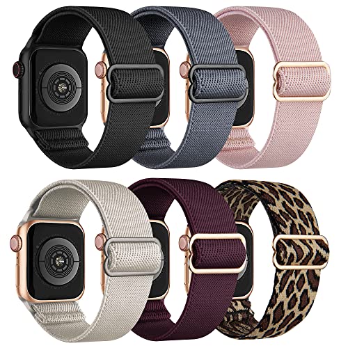 Stretchy Nylon Apple Watch Bands 38mm 40mm 41mm 42mm 44mm 45mm - Adjustable Braided Sport Strap for iWatch Series 8/7/6/5/4/3/2/1/SE - 6 Pack Comfortable Elastic Bands for Women & Men - Perfect for Workouts, Running & Everyday Wear