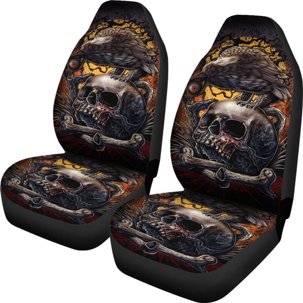 2 Pcs Gothic Skull Car Seat Covers - Universal Fit for Cars, Trucks & SUVs - Black Skull Pattern Auto Accessories for Halloween, Gothic & Punk Style Lovers - Perfect for Themed Parties, Car Shows & Everyday Use
