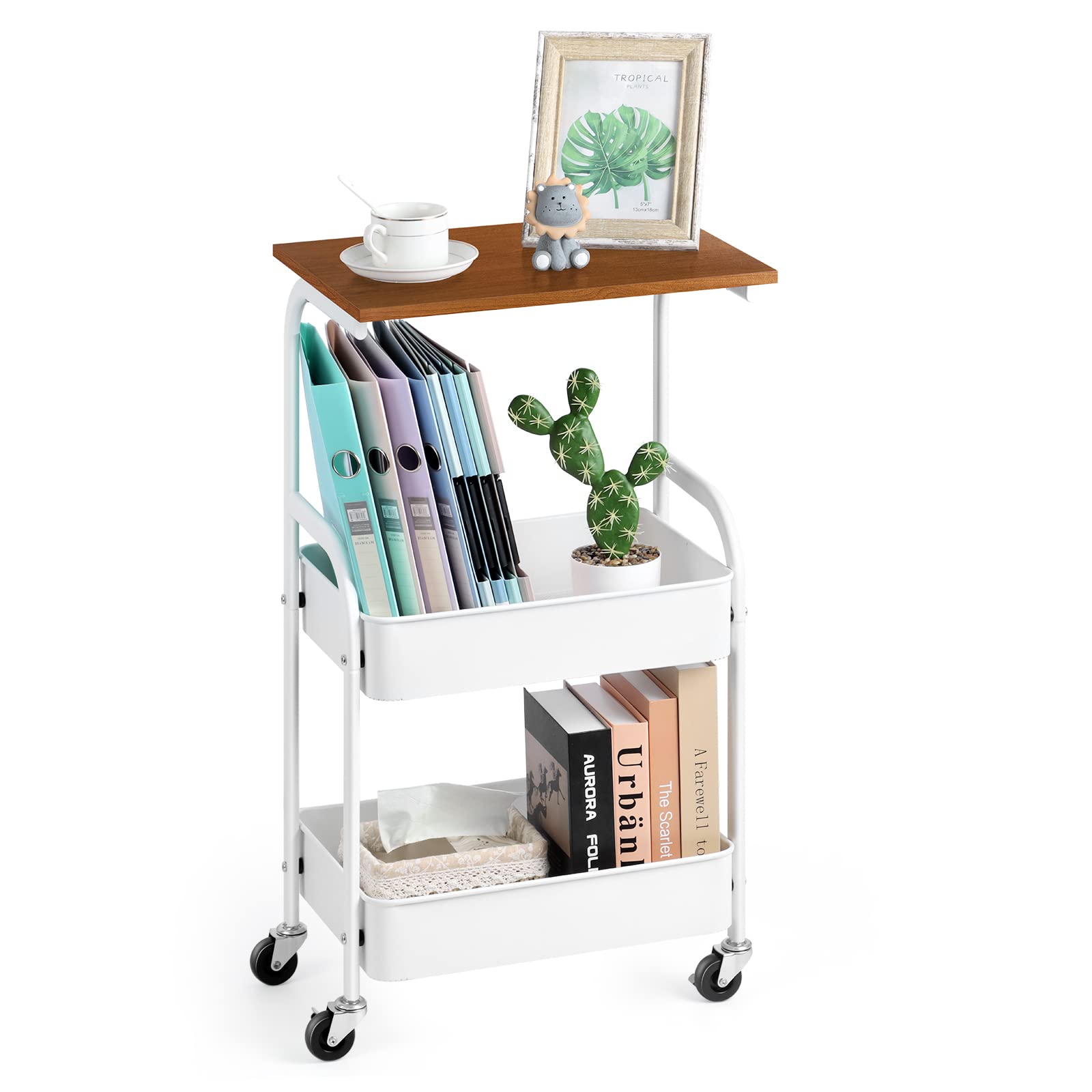 Smusei 3-Tier Rolling Utility Cart with Wooden Board | Metal Storage Cart with Lockable Wheels | White Organizer Cart with 2 Baskets | Perfect for Living Room, Bathroom, Bedroom, Office & Kitchen Organization