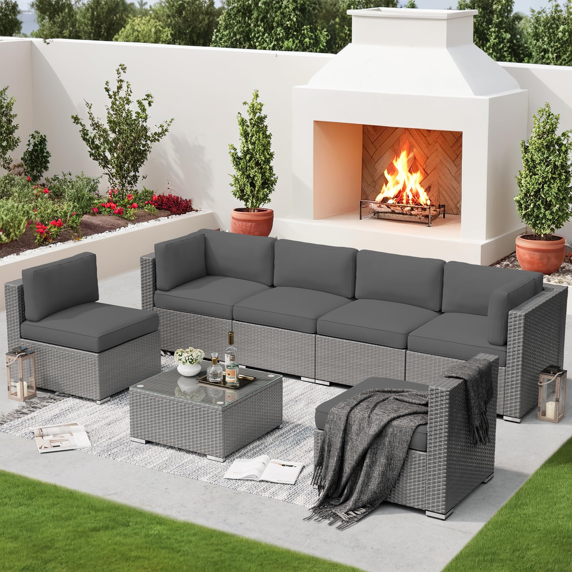 SOLAURA 7-Piece Outdoor Patio Furniture Set - Grey Wicker Sectional Sofa with Glass Coffee Table & Grey Cushions - Weather-Resistant Garden Conversation Seating for Backyard, Poolside or Terrace Relaxation