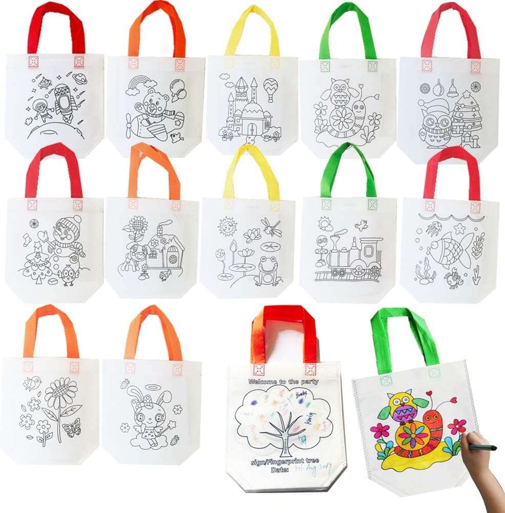 DIY Coloring Reusable Bags - Assorted Theme Set of 20 (11x12 Inches) | Kids Party Favors, Gift Bags, Candy Treat Bags for Birthdays, Halloween, Christmas & School Events | Eco-Friendly Arts & Crafts Activity for Children