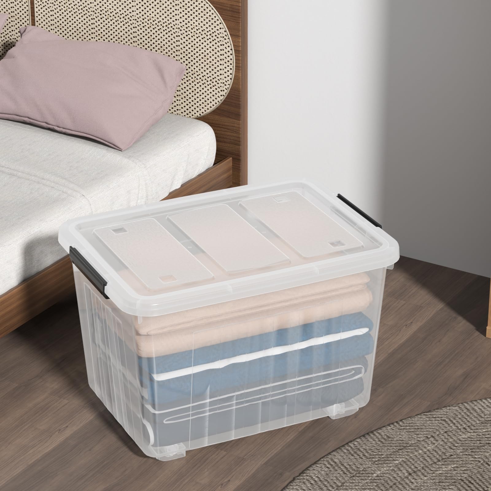 4-Pack 70L Large Clear Plastic Storage Bins with Wheels - Heavy-Duty Organizers for Home, Garage, Office & Moving Supplies
