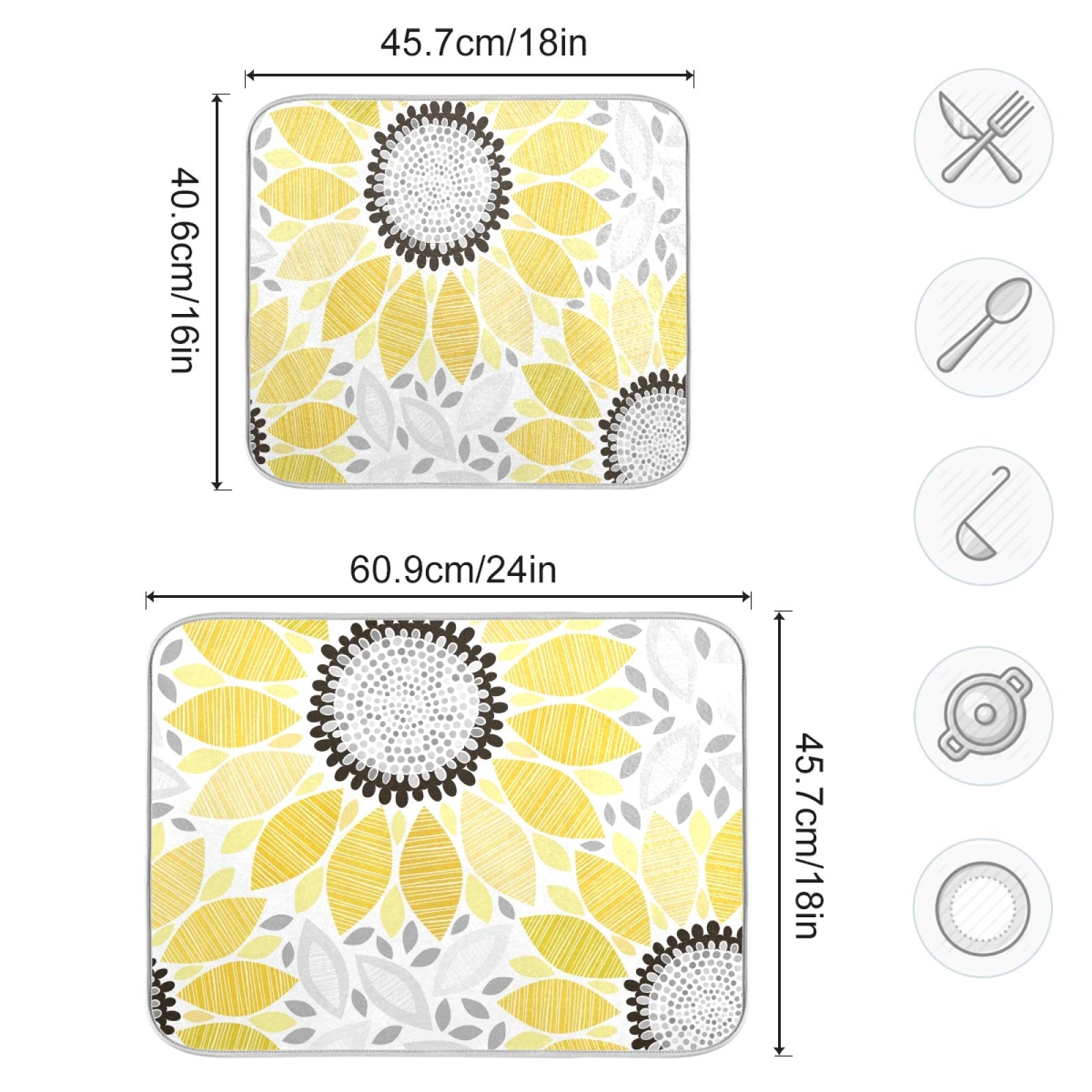 Sunflower Dish Drying Mat - Absorbent Microfiber Kitchen Counter Mat (16x18 Inch) for Dishes & Utensils