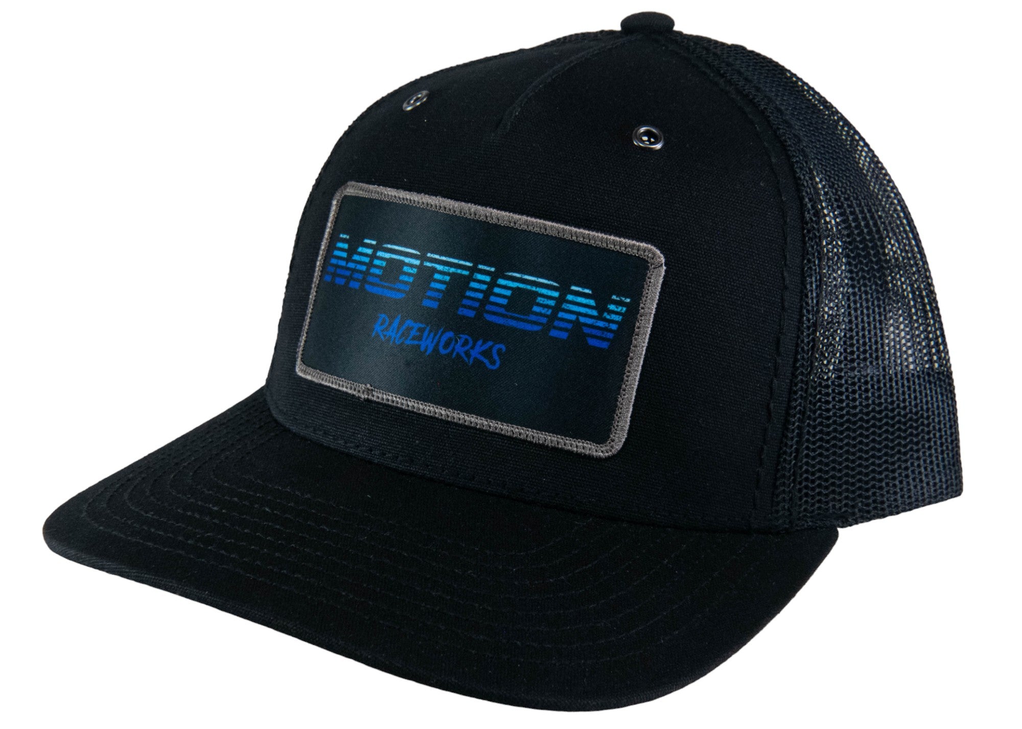 Vintage Black Trucker Snapback Hat with Blue Motion Retro Fade Patch - Stylish Baseball Cap for Men & Women, Perfect for Casual Wear, Street Fashion and Outdoor Activities