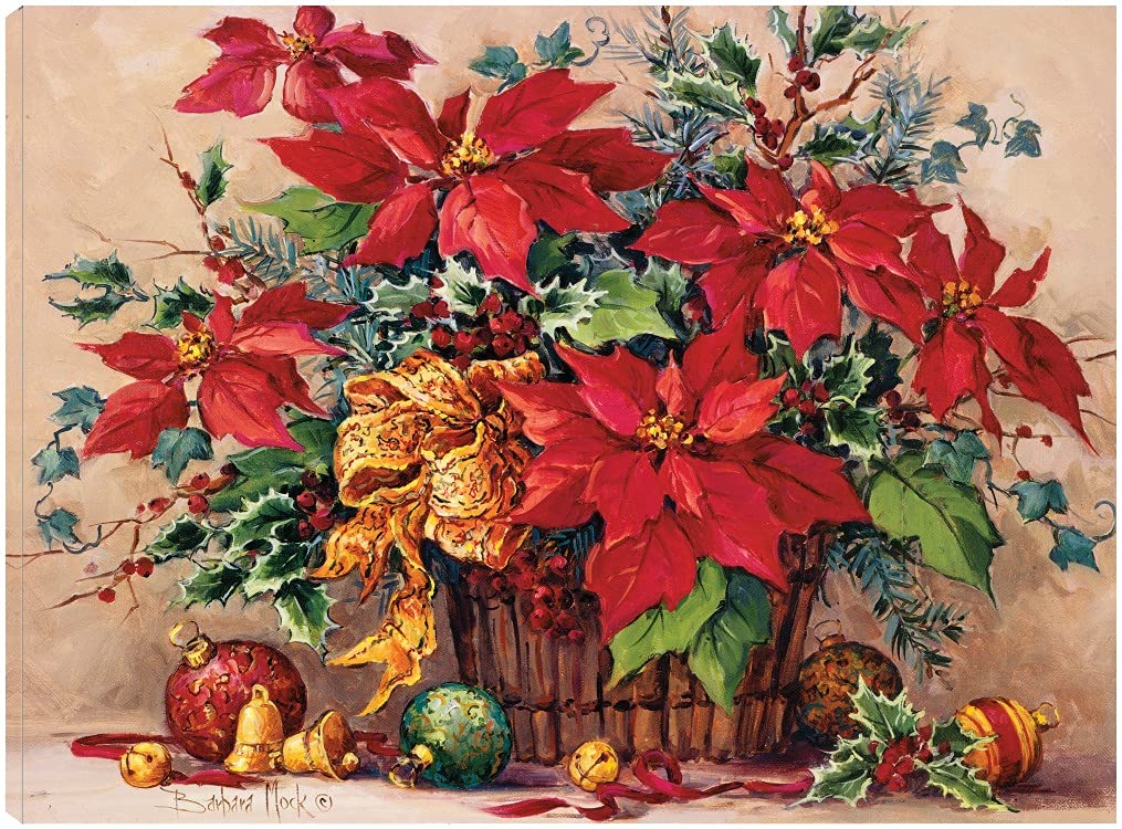 Festive Poinsettia Basket Wall Art Canvas Print by Barbara Mock - 32x24 Inch Ready-to-Hang Painting for Living Room, Bedroom, Office Decor - Perfect for Christmas Holiday Home Decoration & Gift