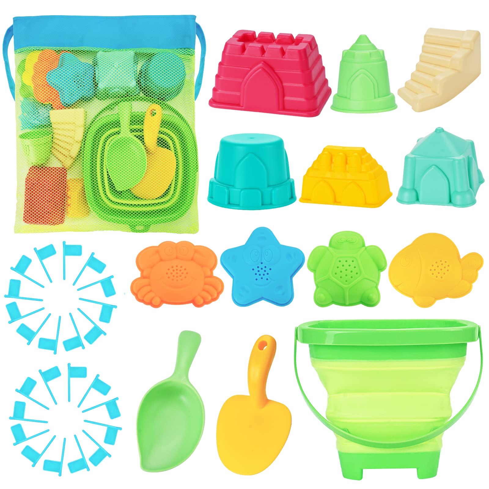 **Best Beach Toys Sand Play Set for Kids - Collapsible Bucket, Shovels, Molds & Mesh Bag - Perfect for Beach, Sandbox & Outdoor Play (Medium Size) - Fun Summer Travel Toys for Toddlers & Children**