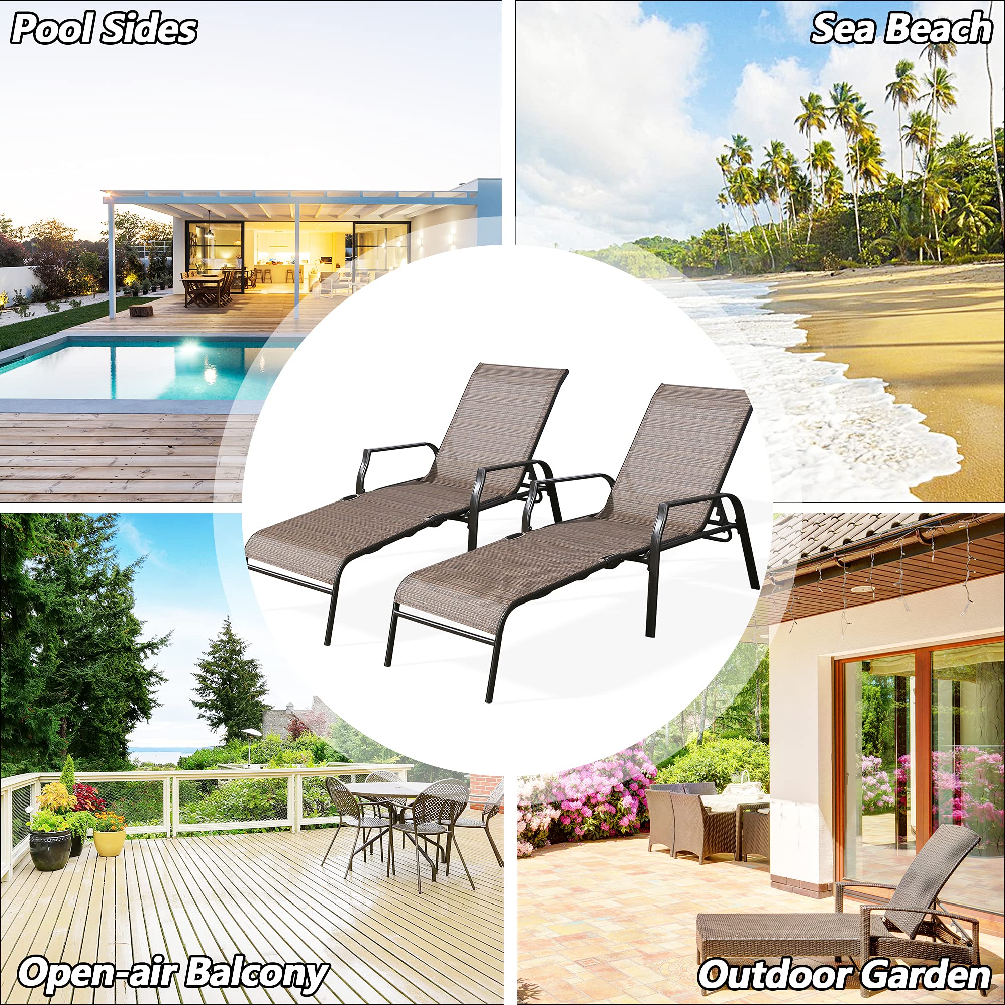 Premium Outdoor Chaise Lounge Chair - Foldable Reclining Patio Lounger for Beach, Poolside & Backyard Relaxation - Heavy Duty & Weather Resistant - Set of 2 (MA165) - Perfect for Sunbathing, Vacation & Outdoor Leisure