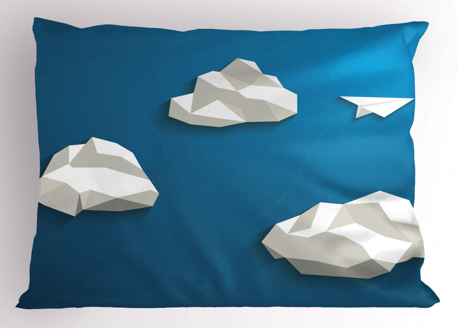 Ambesonne Cloud Pillow Sham - Modern Abstract Travel Design with Paper Plane & Polygonal Clouds, Decorative Standard Size Printed Pillowcase (26x20 Inches) - Blue & White - Perfect for Bedroom Decor, Living Room Accent & Travel Theme Home Styling