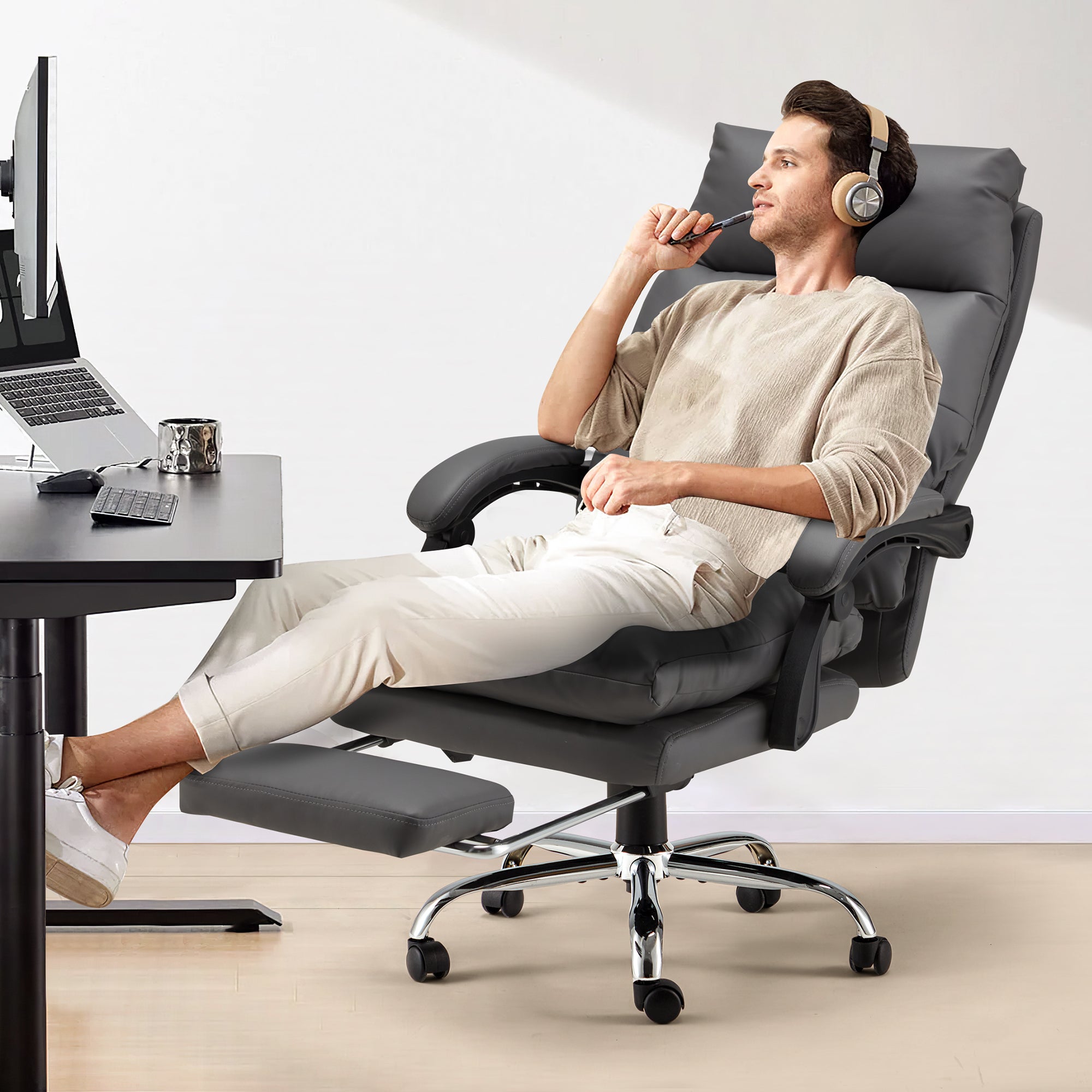 Premium Ergonomic Office Chair with Heat & Massage - Dark Gray Executive Reclining Leather Chair for Home & Office Comfort | Ideal for Long Work Hours, Gaming & Relaxation