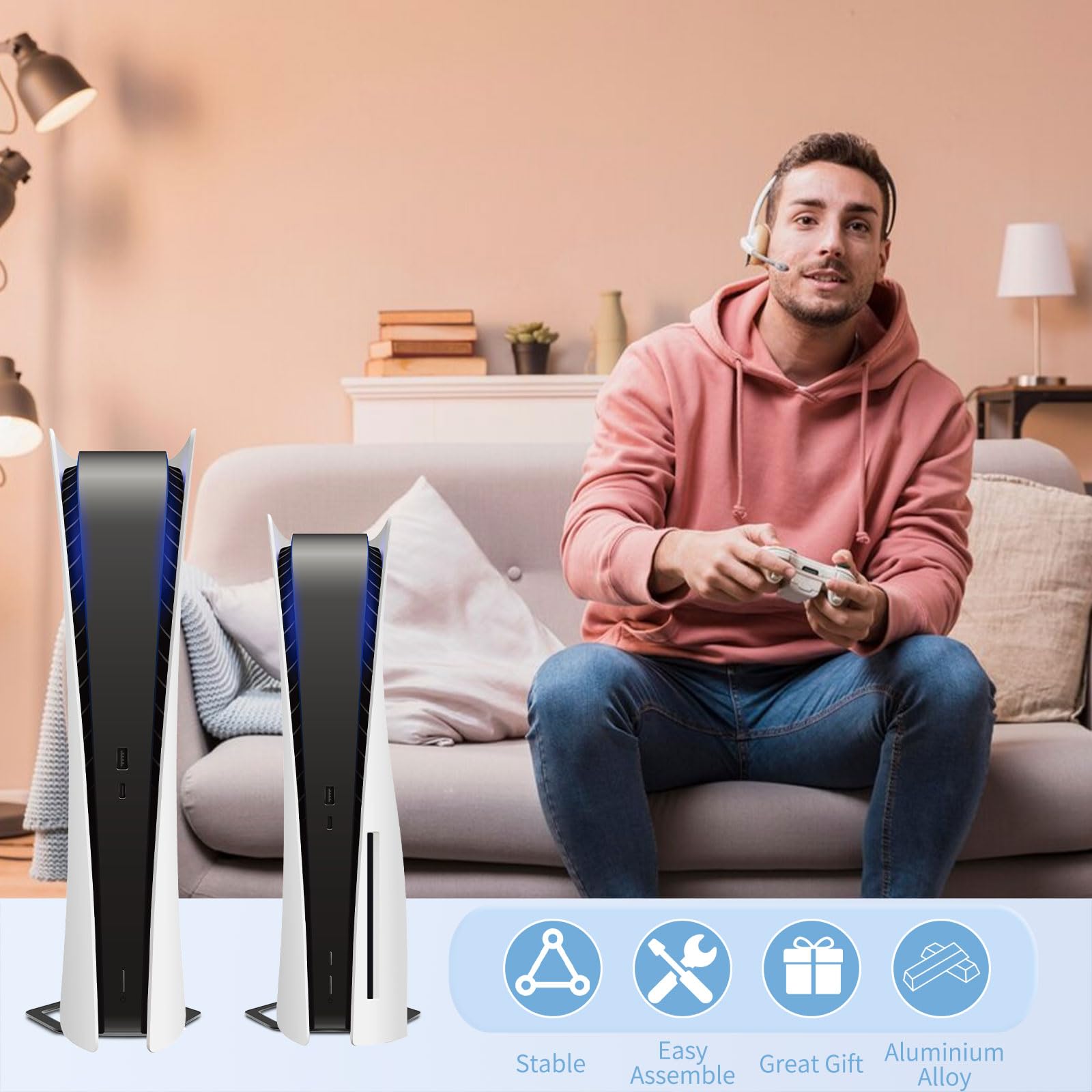 Premium All-Metal Vertical Stand for PS5 Slim & PS5 Consoles - Secure Gaming Display Stand with Non-Slip Base for Living Room & Game Room Setup