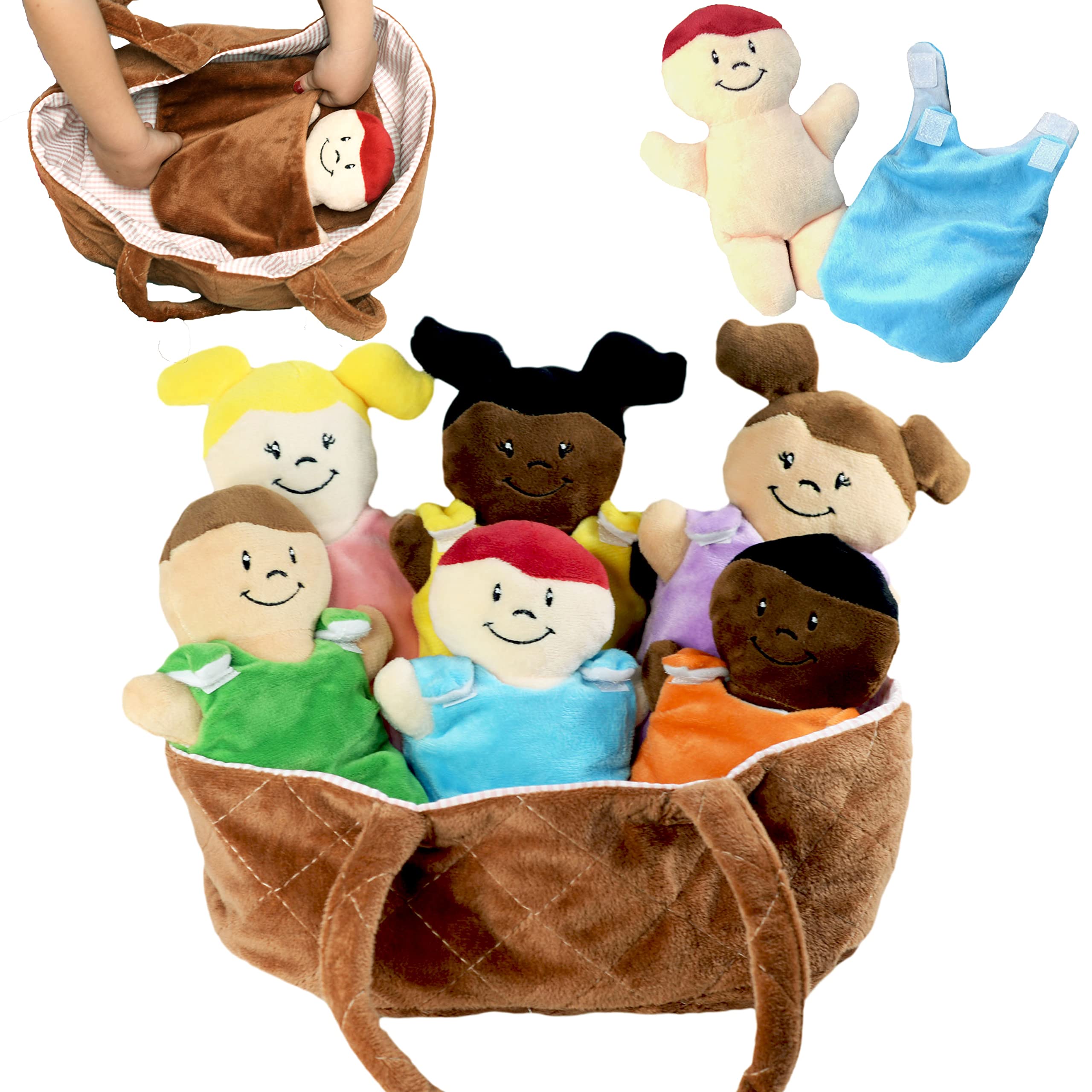 Multicultural Baby Doll Set with 6 Soft Plush Dolls & Removable Outfits - Interactive Diversity Toys for Kids with Basket, Pillow, Blanket - Perfect for Role Play, Gift Giving & Early Childhood Development