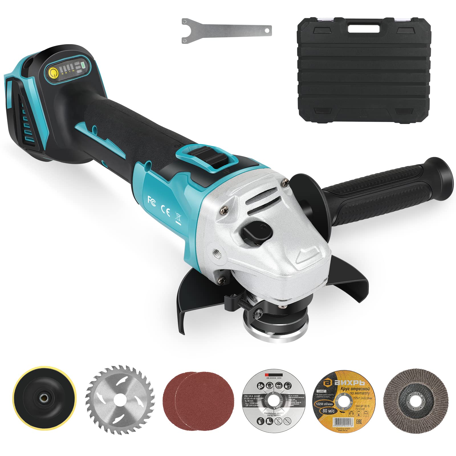 18V Brushless Cordless Angle Grinder Power Tool Kit - No Battery (Compatible with 18V Batteries) with Handle, Grinding Wheel, Cutting Wheel, Flap Disc & Carving Disc - Perfect for Metal Cutting, Grinding, Polishing & DIY Projects