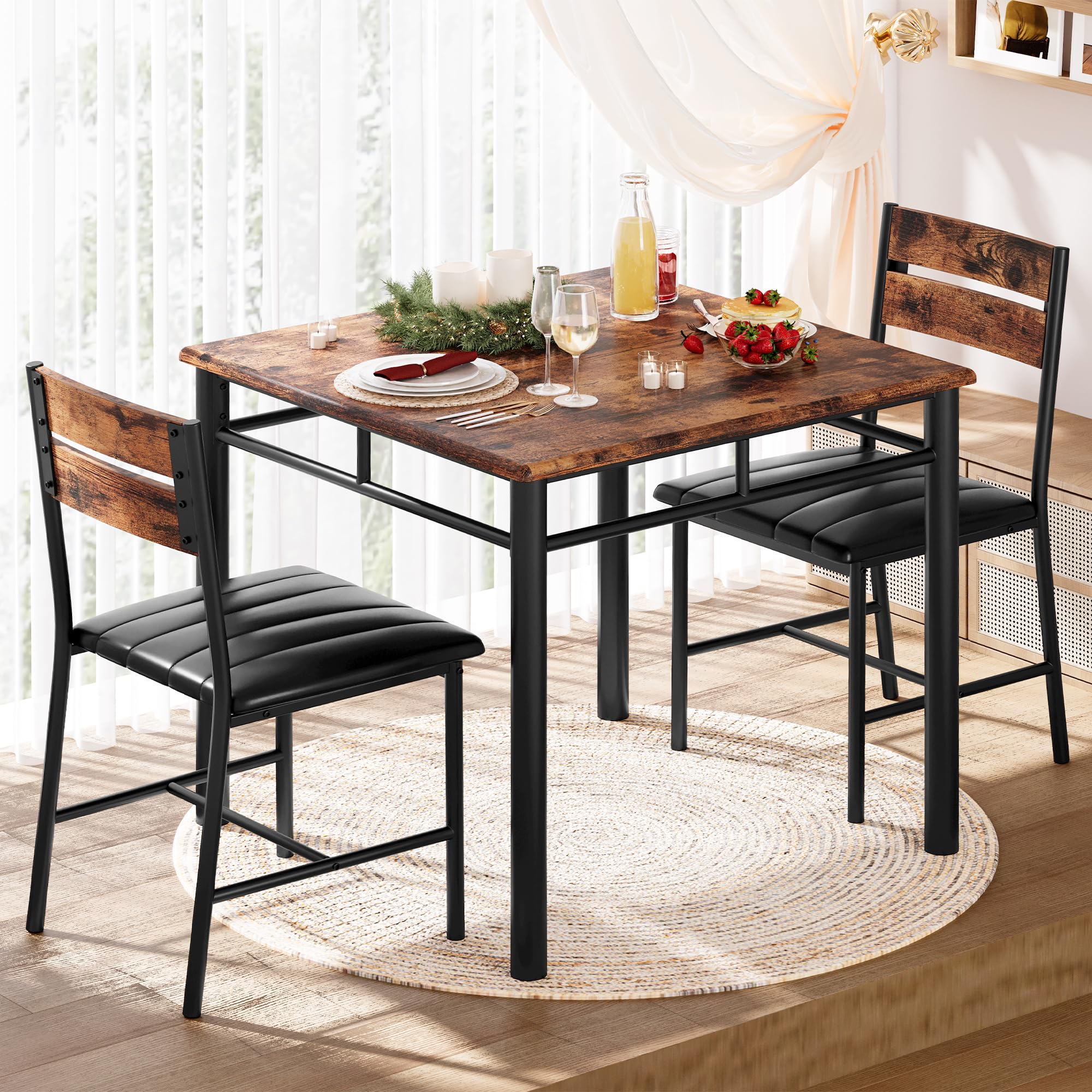 IRONCK 2-Person Dining Table Set with Upholstered Chairs - Compact Kitchen Table for Small Spaces in Rustic Brown | Perfect for Apartments, Breakfast Nooks & Cozy Dining Areas