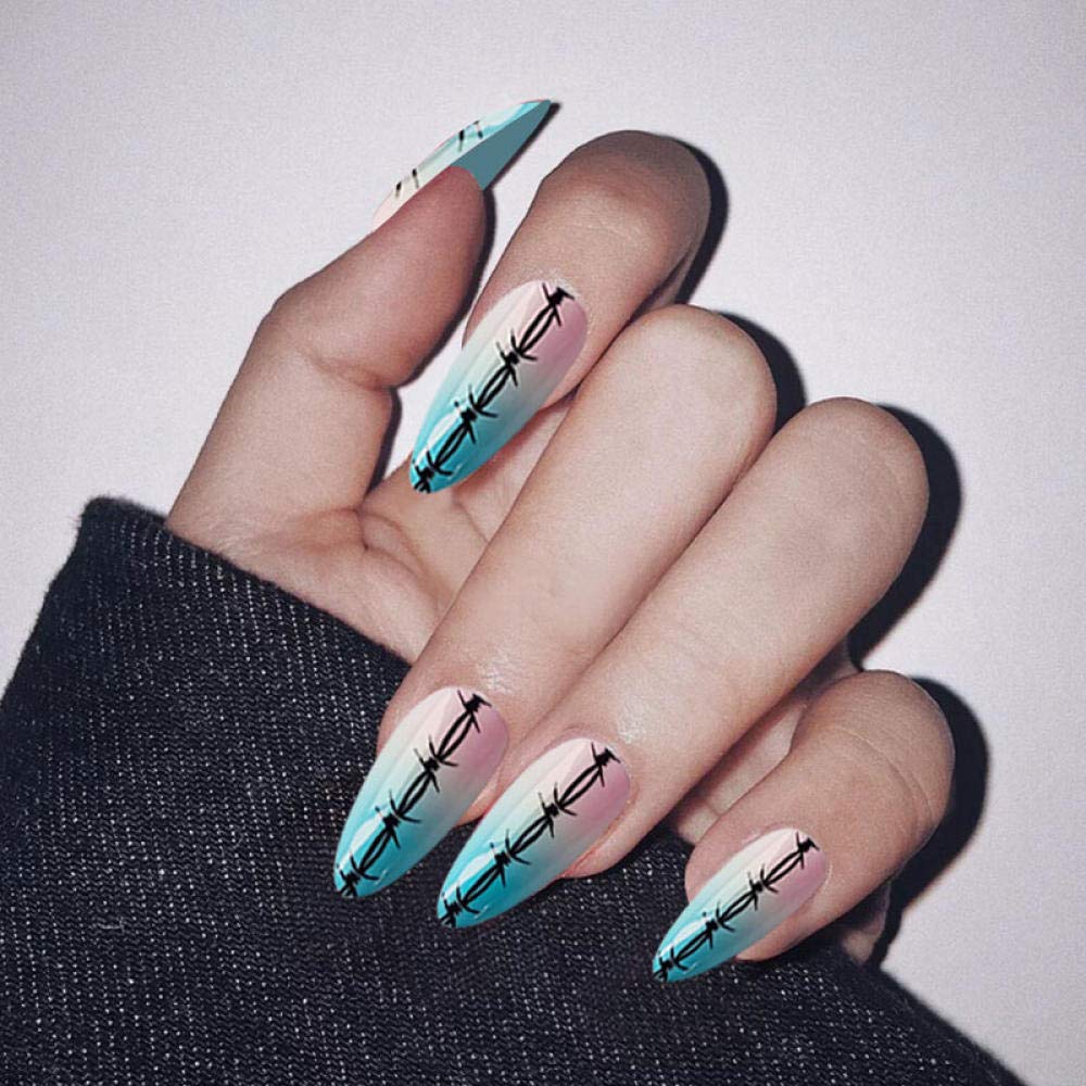 24PCS CSCH False Nails - Long Pointed Fake Nails with Fashionable Patterns, Full Cover Acrylic Nails for Women, Perfect for Parties, Weddings and Special Occasions