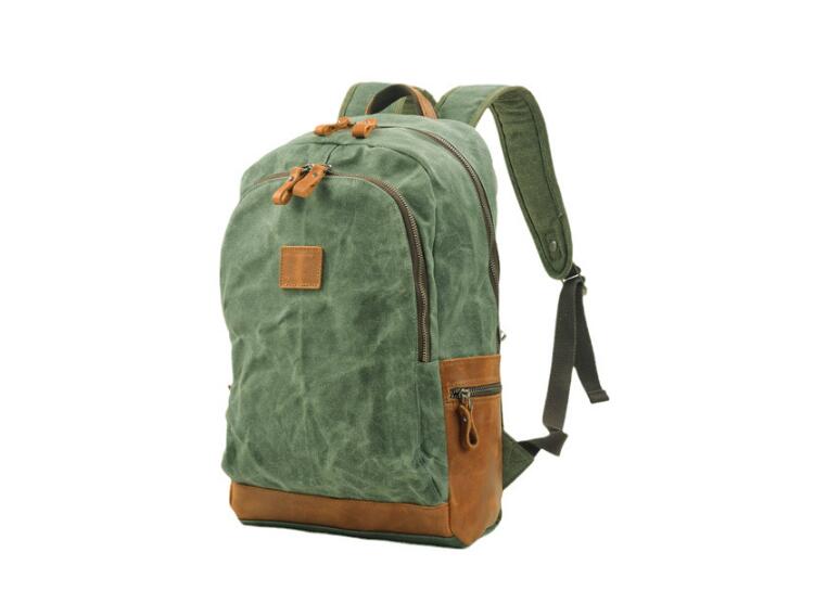 Durable Canvas Leather Rucksack Backpack - Waterproof Travel Hiking Bag for Men & Women (Grey, Green) - Perfect for Outdoor Adventures, Commuting & Daily Use
