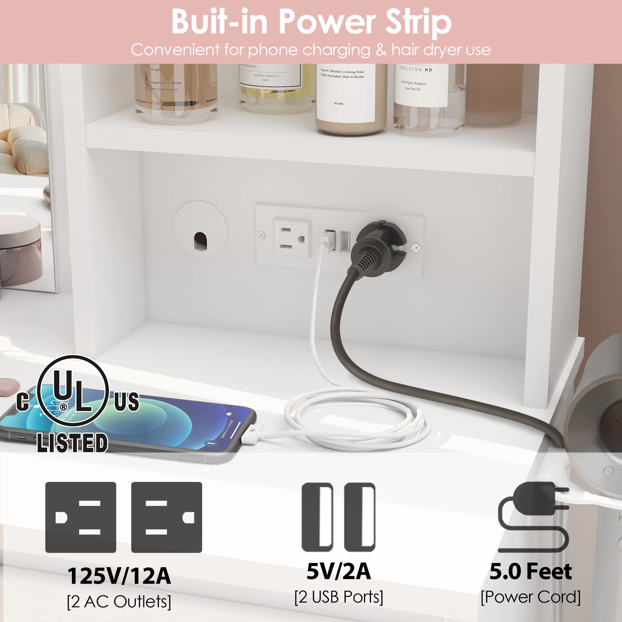 Vabches 37-inch Makeup Vanity with LED Lights & Power Strip - White Vanity Desk with 4 Drawers, Lighted Mirror & 3 Color Modes - Perfect for Bedroom, Dressing Room & Beauty Salon
