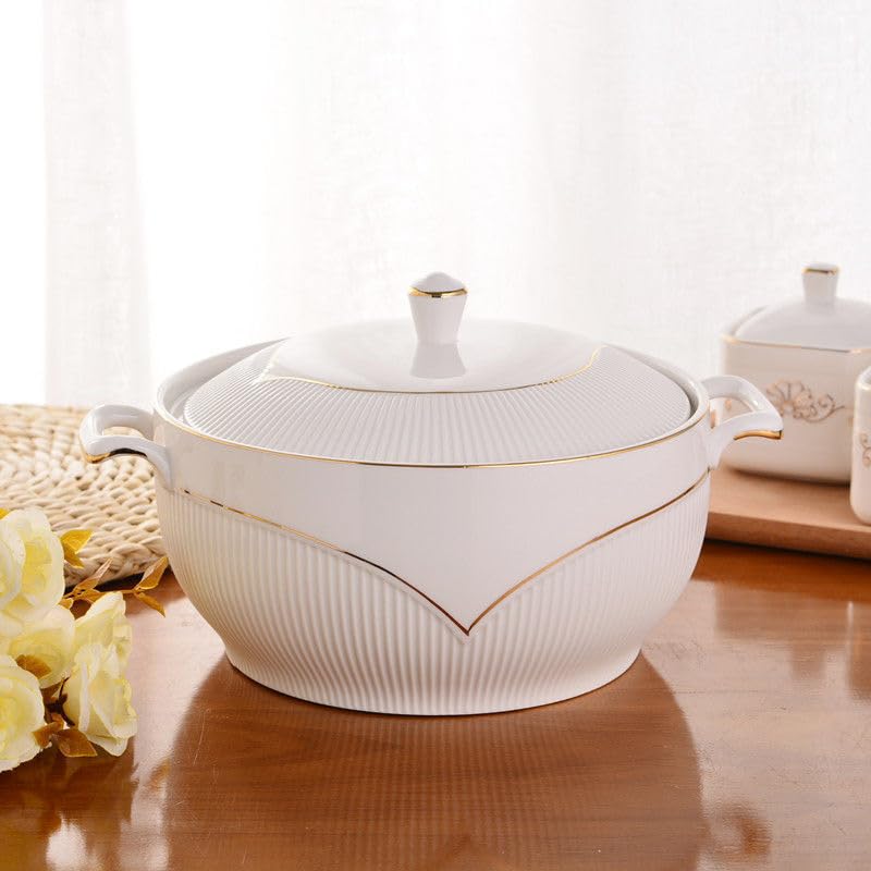 Premium White Ceramic Soup Tureen with Lid - Large Heat-Resistant Porcelain Serving Bowl with Gold Gilded Handles (Heart Design) - Elegant Dinnerware for Holiday Entertaining & Family Gatherings