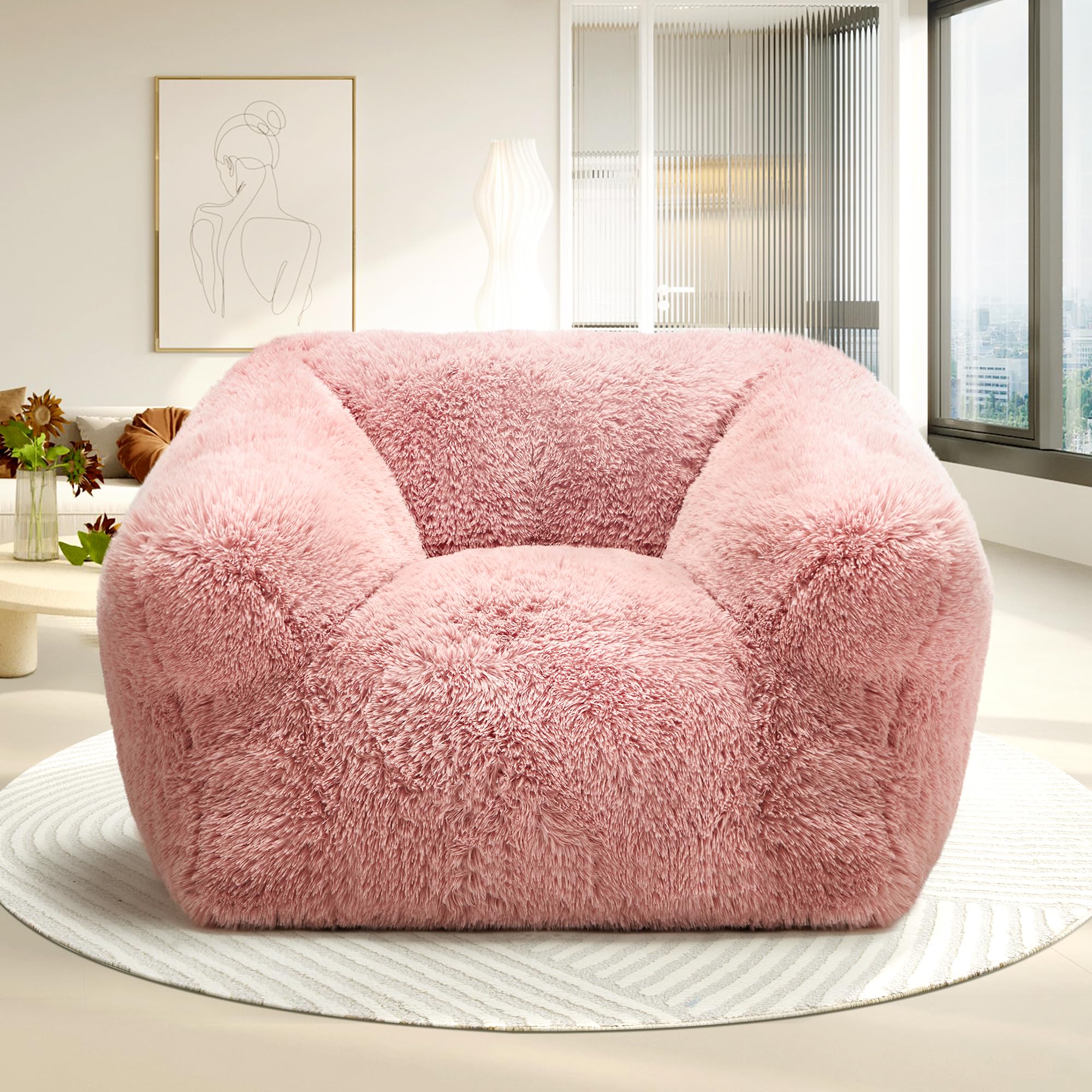 Homguava Giant Bean Bag Chair for Adults - Large Memory Foam Bean Bag Sofa with Armrests & Filler, Plush Comfy Lazy Couch for Bedroom, Living Room, Game Room & Home Theater (Large, Pink) - Perfect for Relaxing, Lounging & Movie Nights