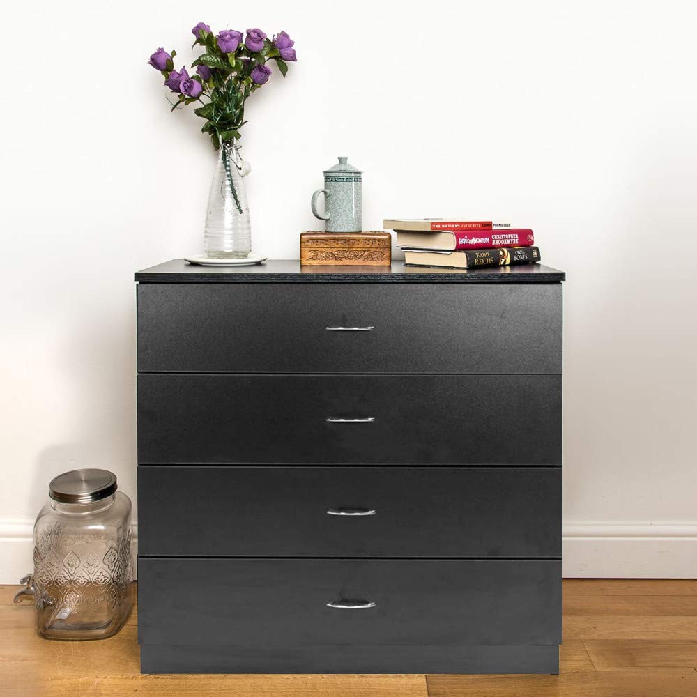 SSLine 4 Drawer Wooden Chest Dresser - Sturdy Storage Cabinet for Bedroom, Closet, Living Room & Hallway - Perfect for Organizing Clothes, Linens & Home Essentials (Black)