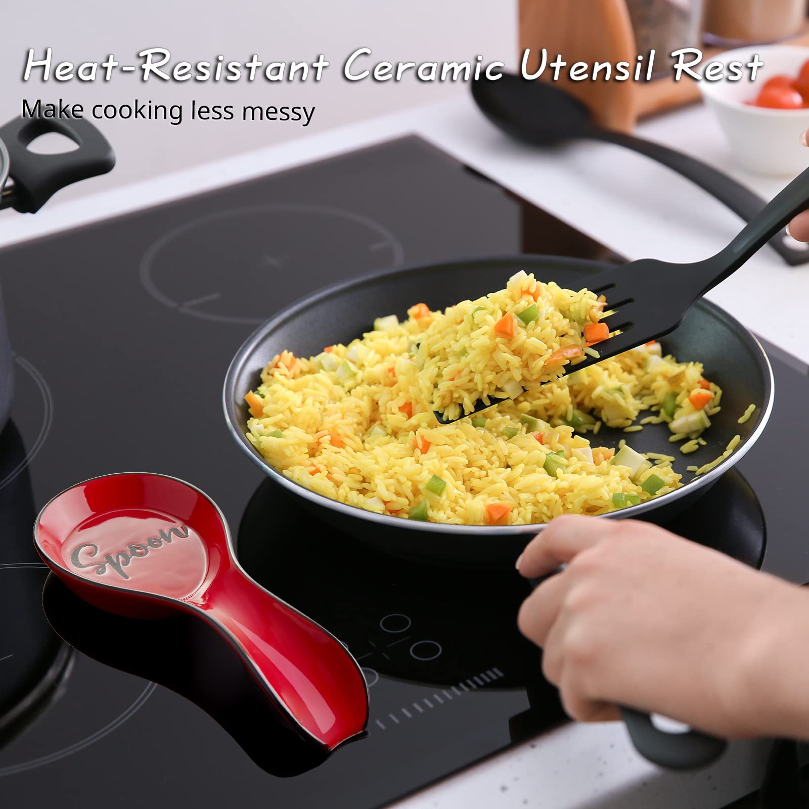 DAYYET Ceramic Spoon Rest for Stove Top - Large Kitchen Utensil Holder for Ladles, Spatulas & Tongs - Red Countertop Decor - Perfect for Cooking, Serving & Keeping Your Kitchen Clean