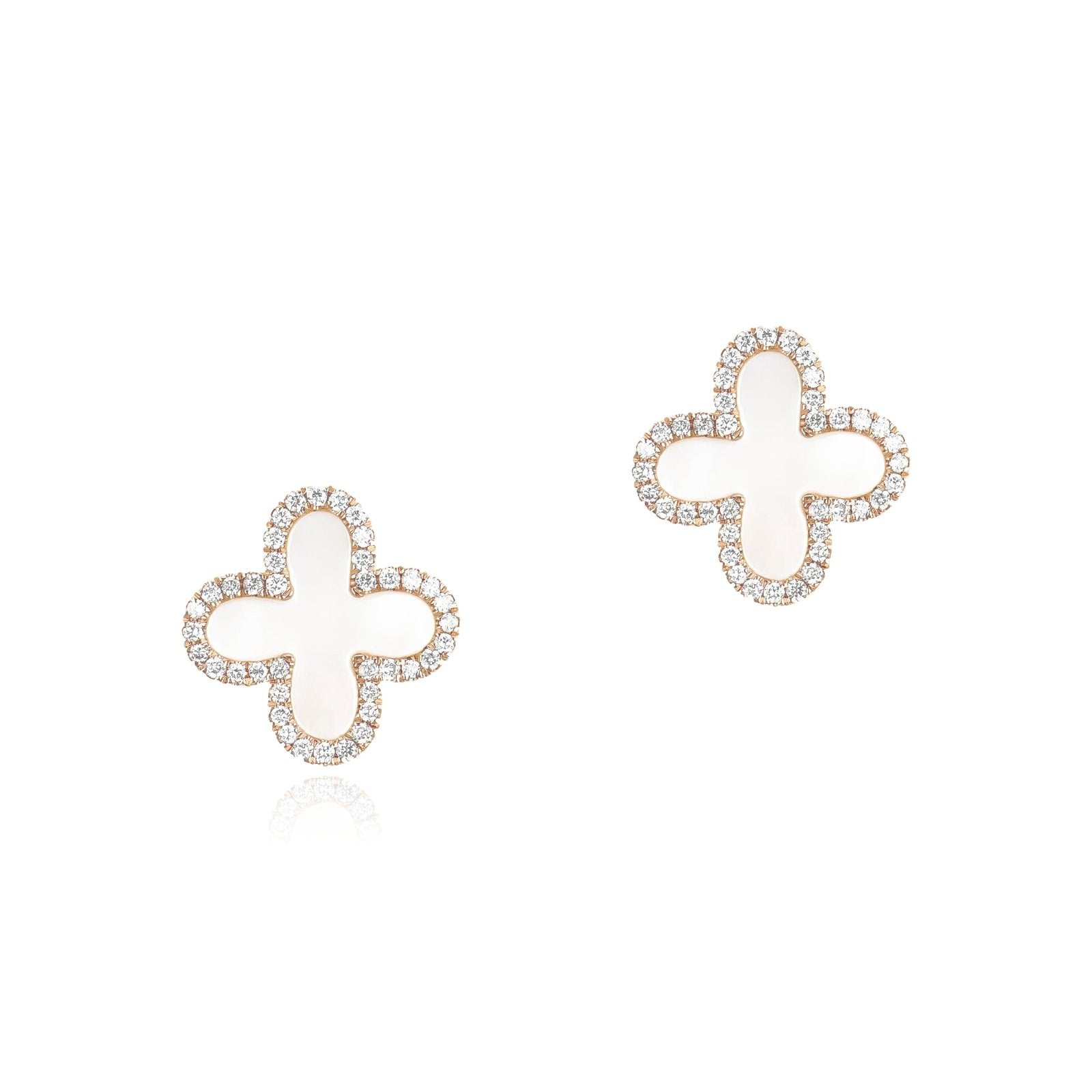 14K Rose Gold Mother of Pearl and Diamond Halo Clover Earrings - Elegant Dangle Stud Earrings for Women, Perfect for Weddings, Parties & Special Occasions