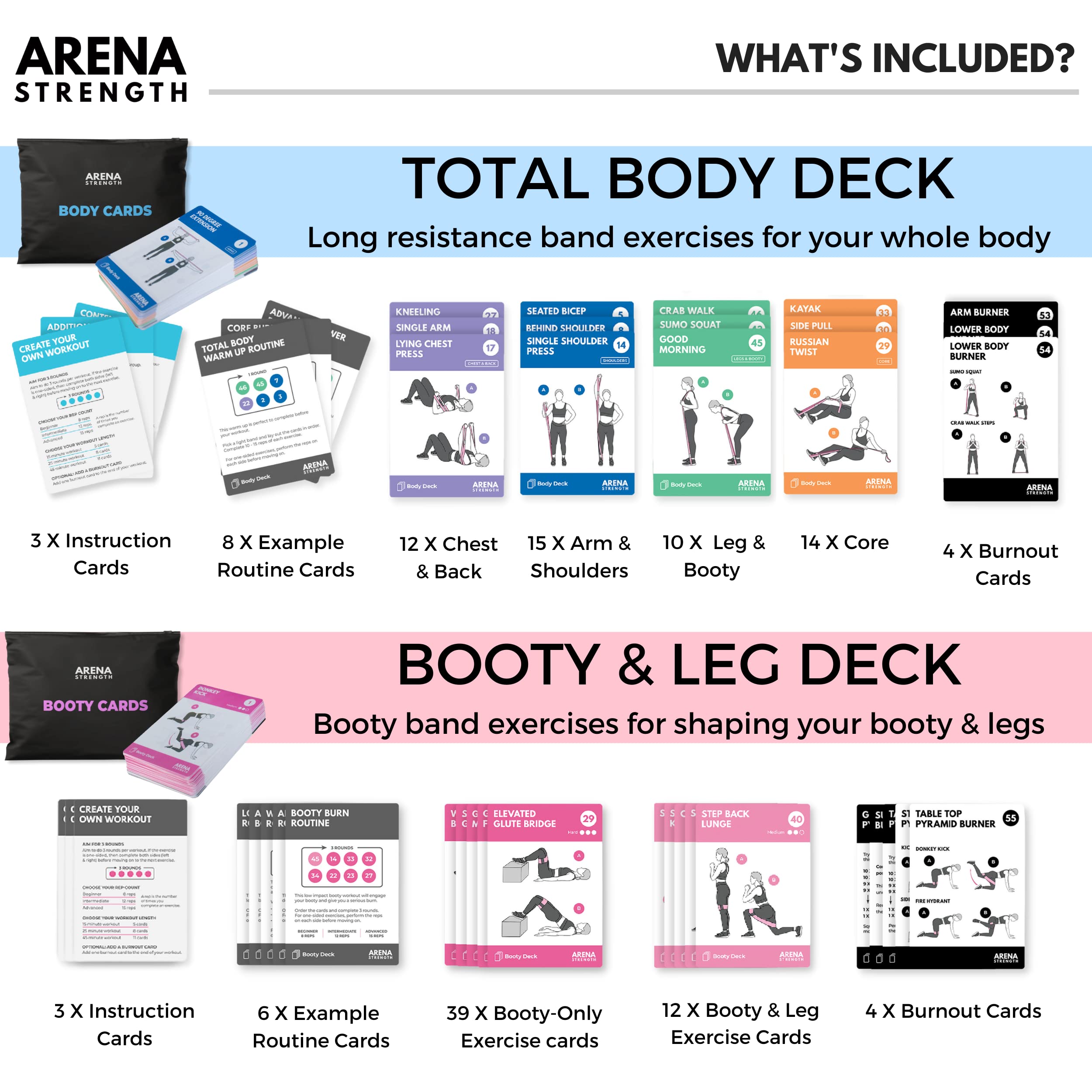 Arena Strength Exercise Card Deck Bundle - Booty & Body Workout Cards for Home Gym Training | Perfect for Fitness Enthusiasts & Personal Trainers