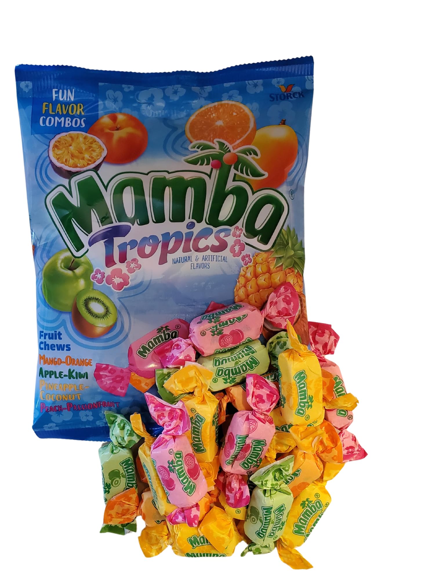 **Mamba Fruit Chews & Tropics Assorted Candy - Chewy, Individually Wrapped, Fresh Flavors (3.52oz Bags, Pack of 4) - Perfect for Parties, Snacks & Gifts**