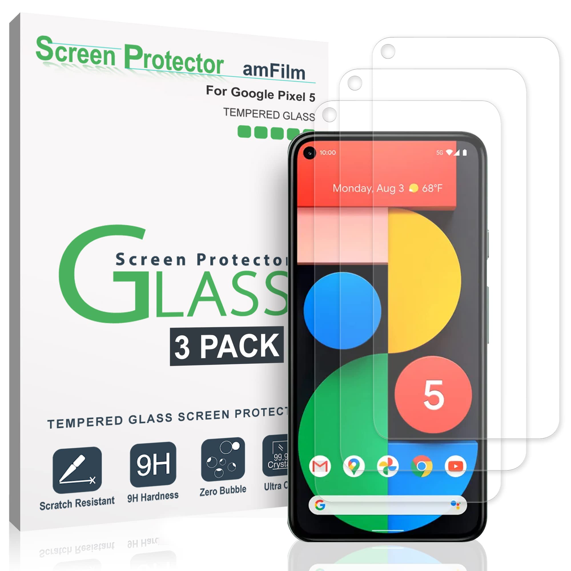 amFilm (3 Pack) Tempered Glass Screen Protector for Google Pixel 5-5G 6