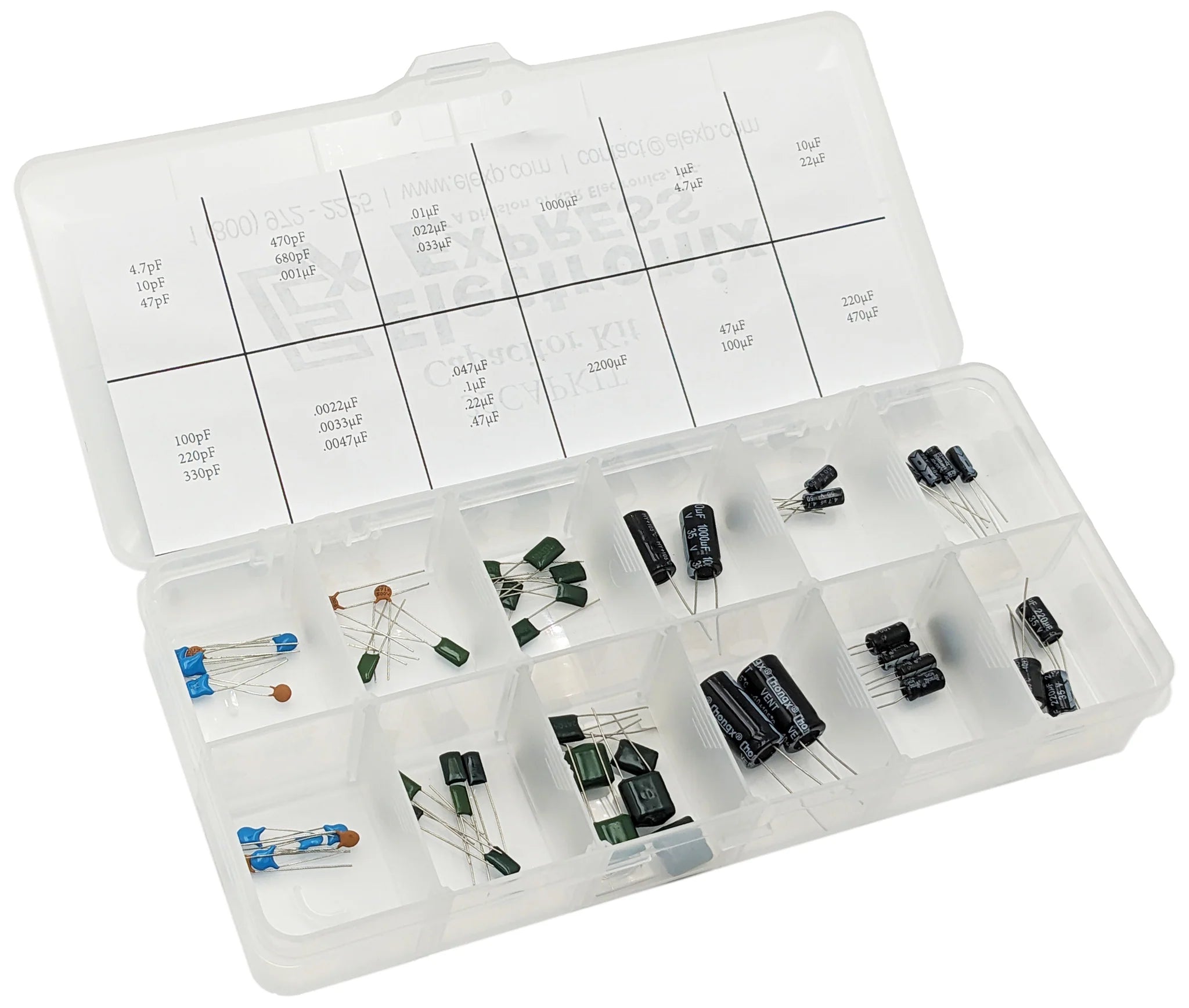 58 Piece Capacitor Assortment Kit - Disc, Mylar & Electrolytic Capacitors (4.7pF to 2200µF) for Electronics Repair, DIY Projects & Circuit Board Maintenance