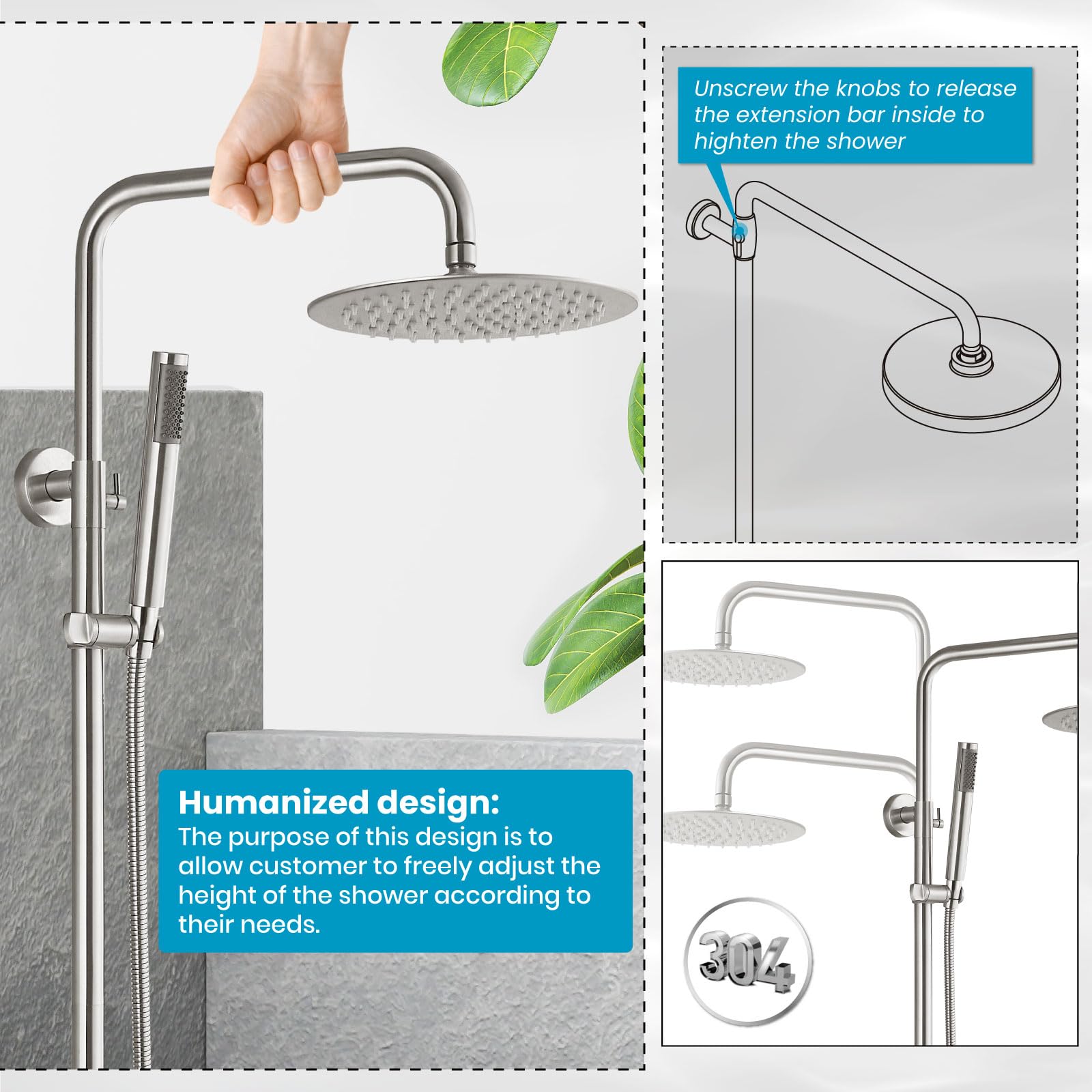 Gotonovo Outdoor Shower Faucet Set - SUS304 Stainless Steel Rainfall Shower Head with High Pressure Hand Spray, 2-Function Wall Mount System in Brushed Nickel (8 Inch) - Perfect for Patio, Poolside, and Garden Use