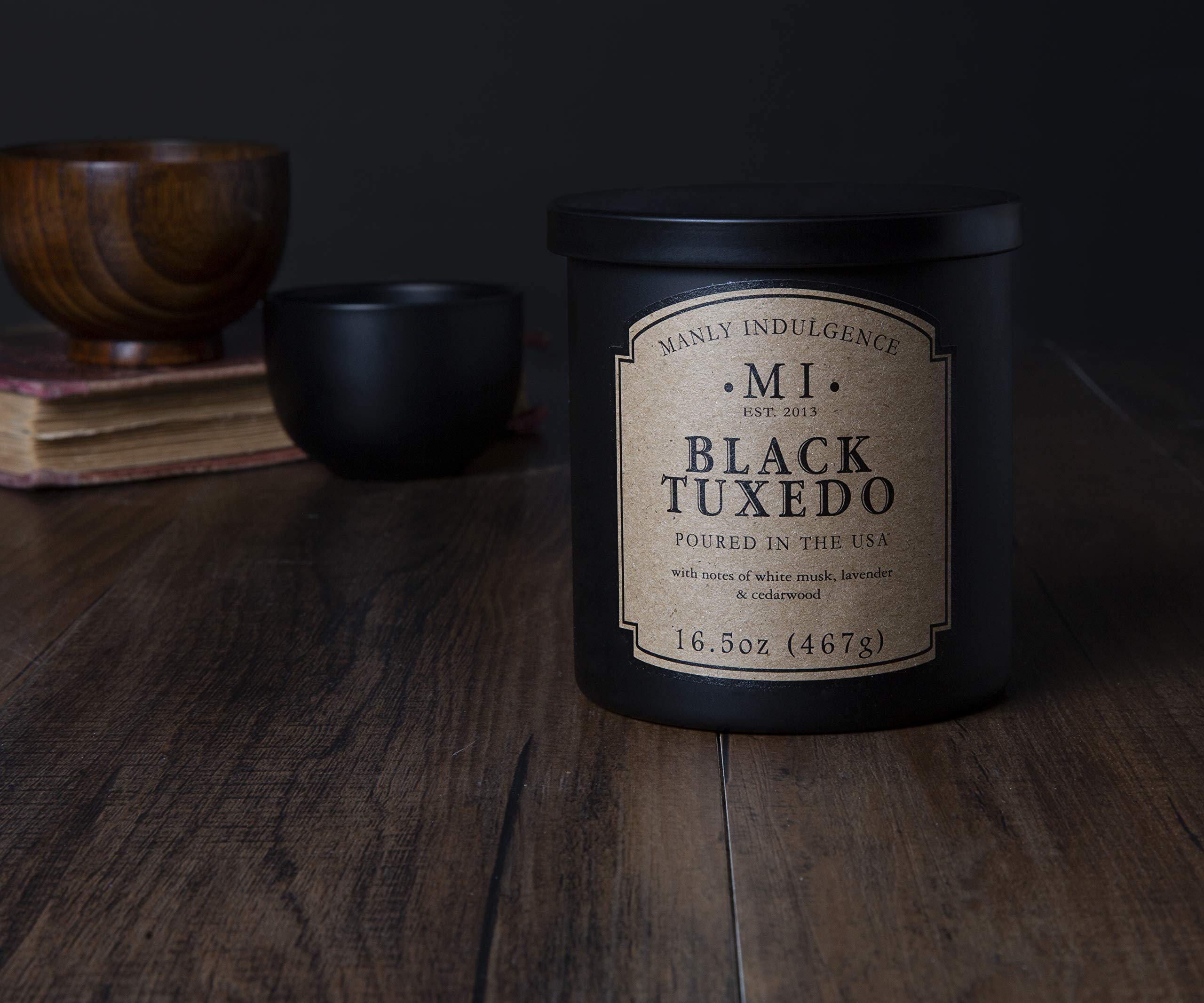 Manly Indulgence Black Tuxedo Jar Candle 16.5 oz - White Musk, Lavender, Cedarwood, Jasmine & Earthy Orris Scented Soy Wax Blend - Long Lasting 60 Hour Burn Time - Hand Poured in USA - Perfect for Home Decor, Romantic Dinners & Relaxation