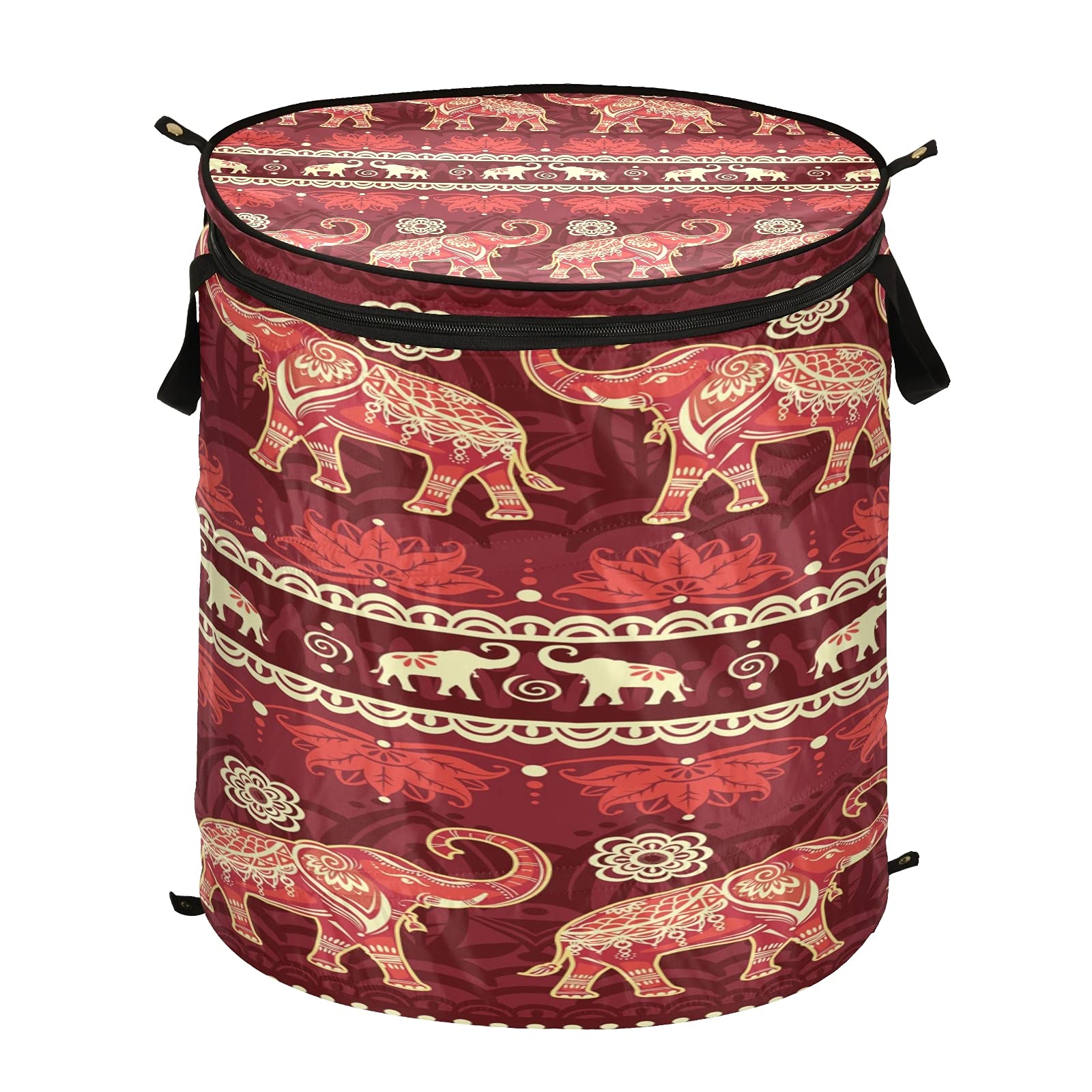 Foldable Tribal Elephant Pop-Up Laundry Hamper with Zipper Lid - Portable Clothes Basket for Bedroom, Kids Room & Dorm - Perfect for Travel, Camping & Small Spaces