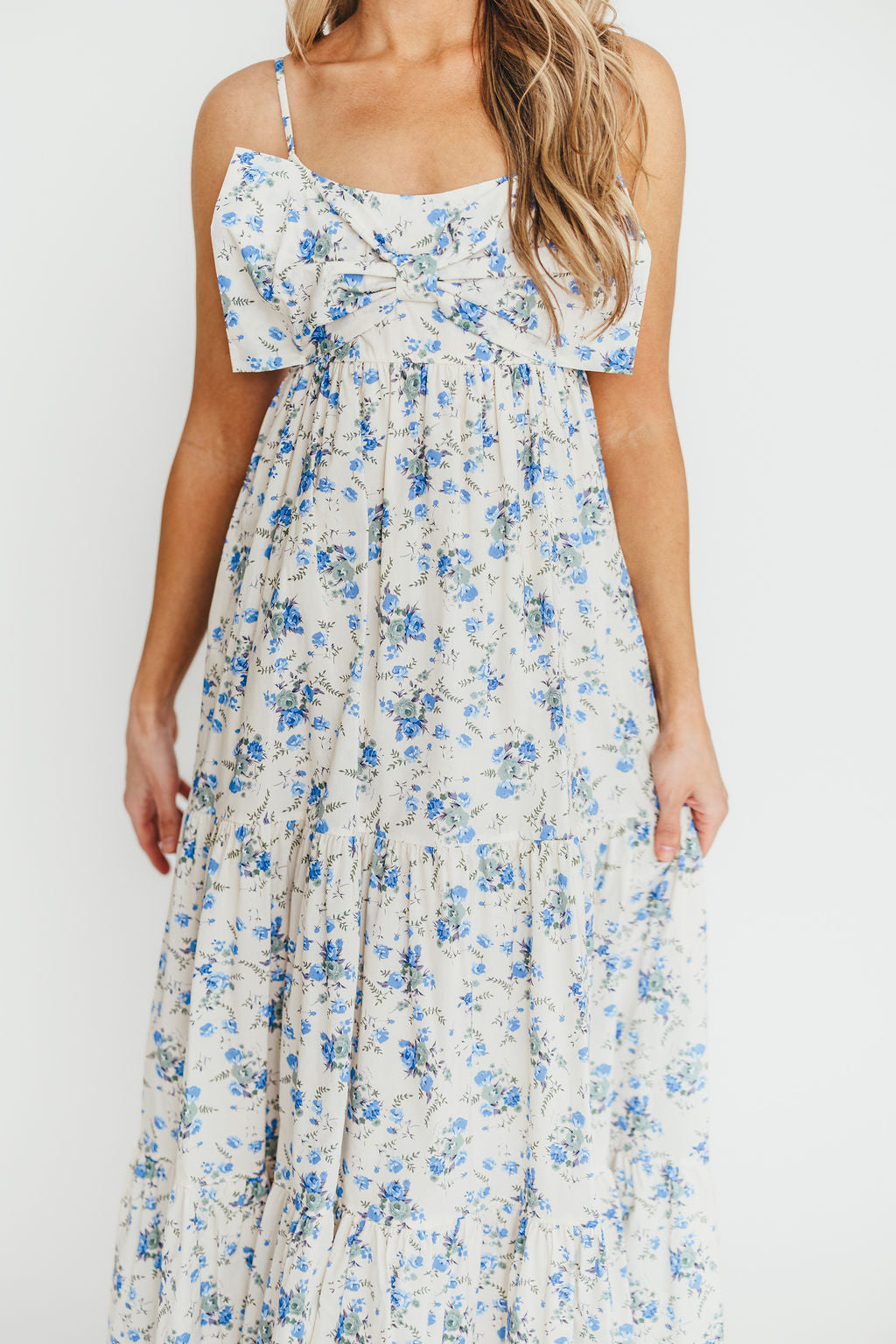 Cecile Women's 100% Cotton Floral Maxi Dress with Bow Front - Cream & Blue Floral Print - Perfect for Summer, Beach, Vacations & Casual Outings
