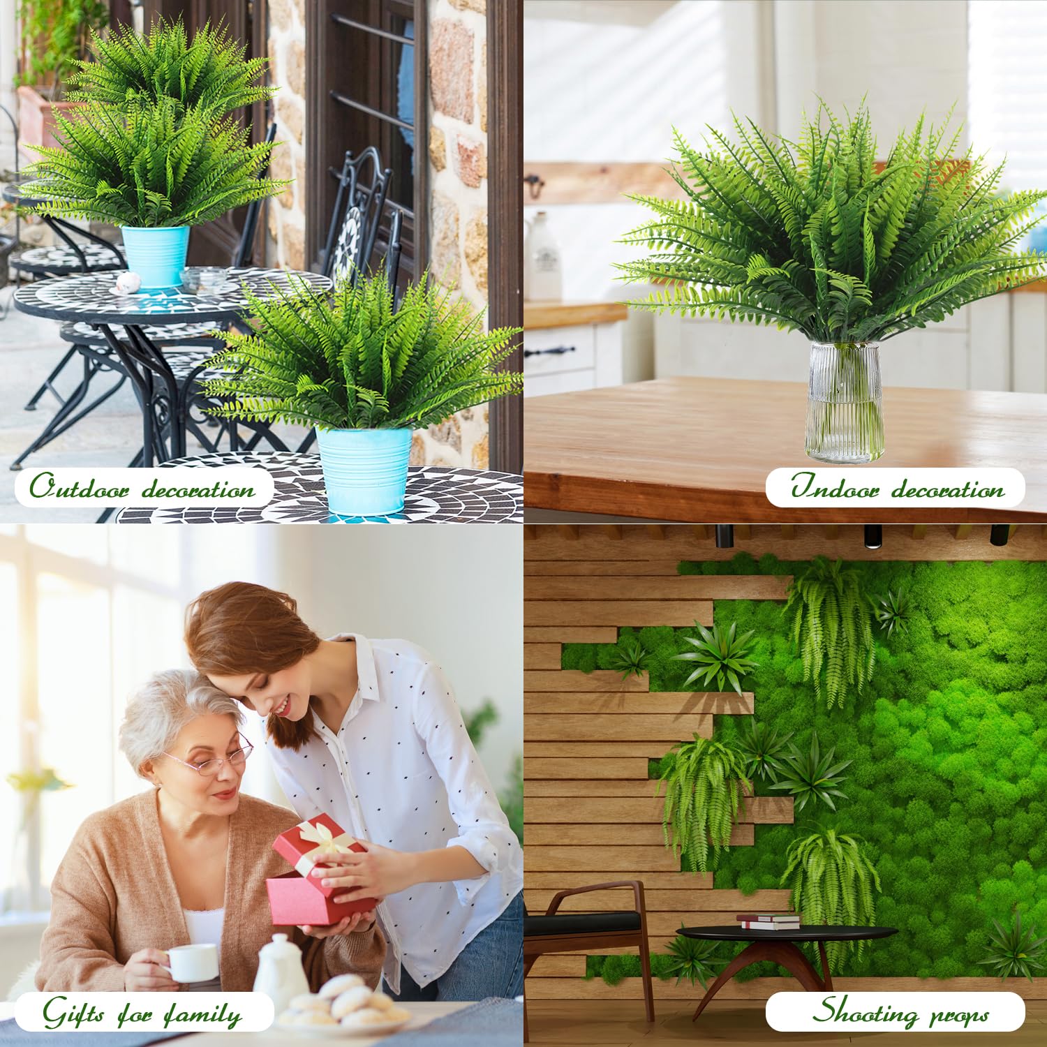 12 Bundles Artificial Boston Fern Plants - UV Resistant Faux Greenery for Outdoor Garden, Porch & Window Box Decor - No Fade Plastic Plants for Year-Round Beauty