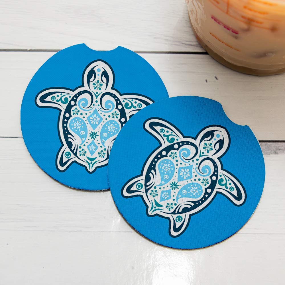 Blue Sea Turtle Car Coasters Set of 2 - Absorbent Drink Coasters with Non-Slip Rubber Backing (2.56 Inches) - Perfect Car Accessories for Coffee, Soda & Beverages - Ideal for Road Trips, Commuting & Daily Driving