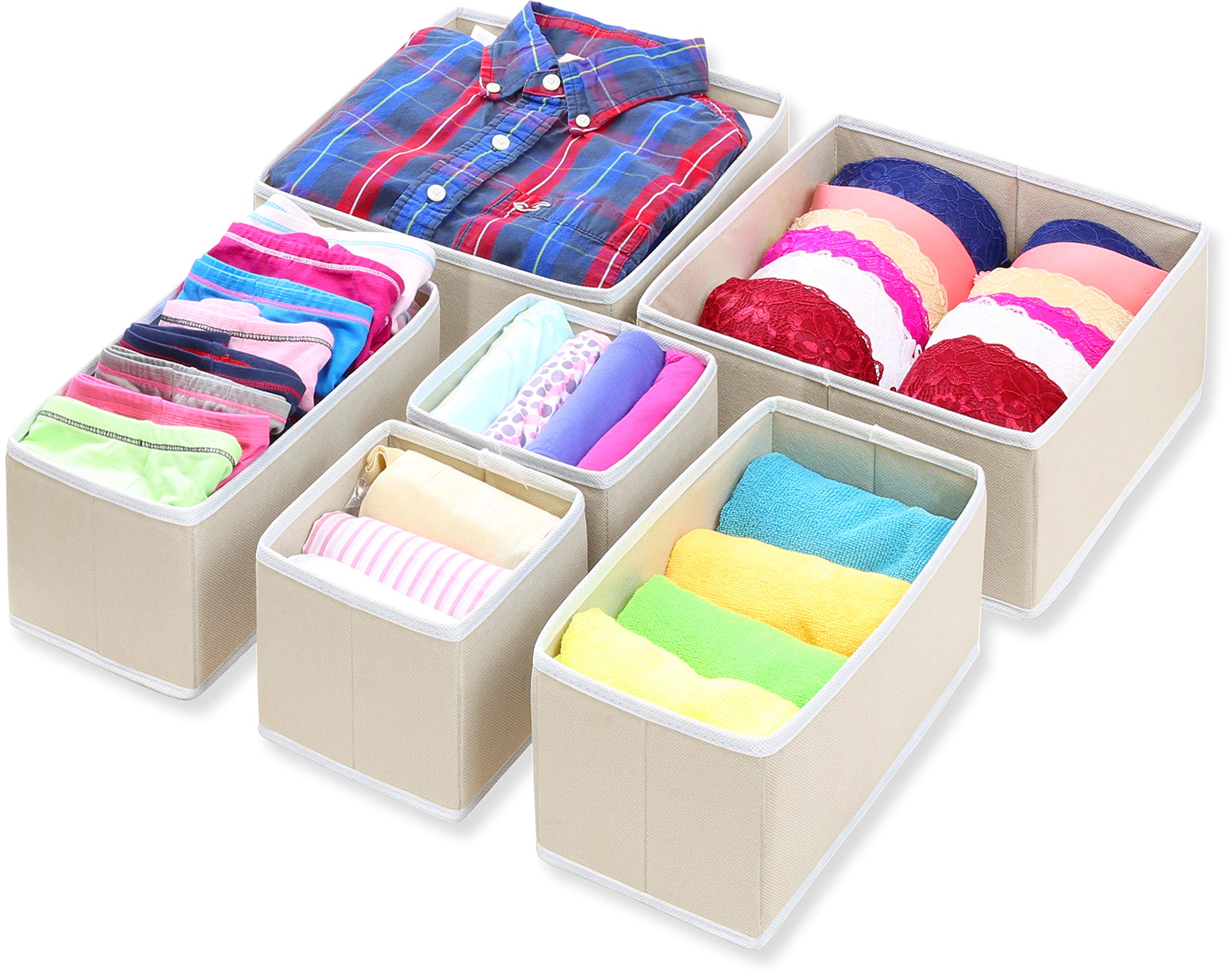 Foldable Fabric Storage Box Organizer - 6-Pack Beige Closet Drawer Dividers for Underwear, Bras & Accessories | Space-Saving Solution for Bedroom, Closet & Dresser Organization