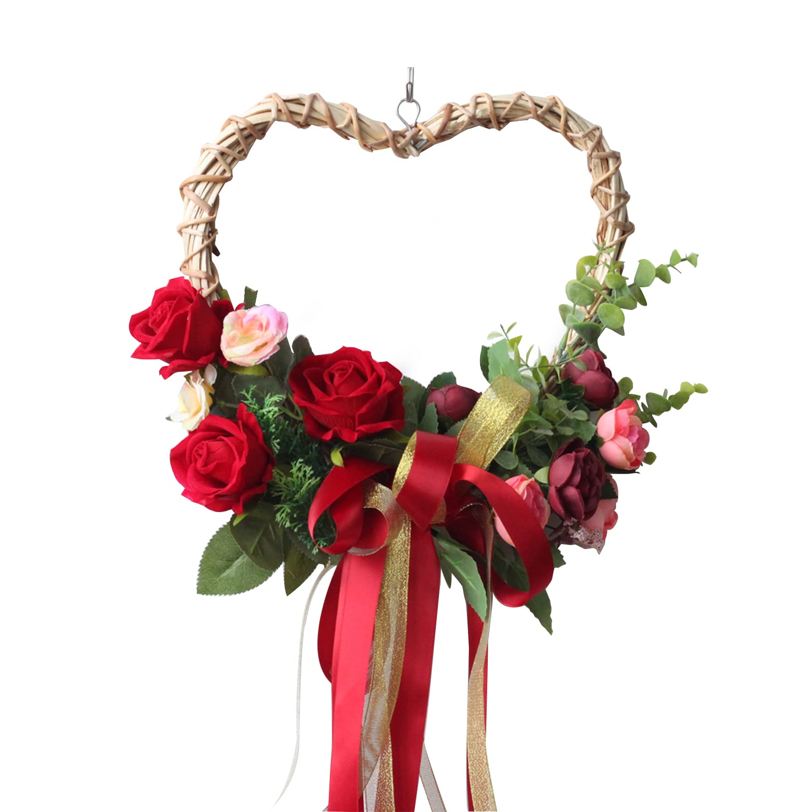 Artificial Rose Flower Wreath - Realistic Silk Rose Heart-Shaped Garland with Green Leaves & Ribbon for Valentine's Day, Wedding Arch, Front Door & Wall Decor | Perfect for Romantic Home Decor, Wedding Centerpieces & Party Backdrops