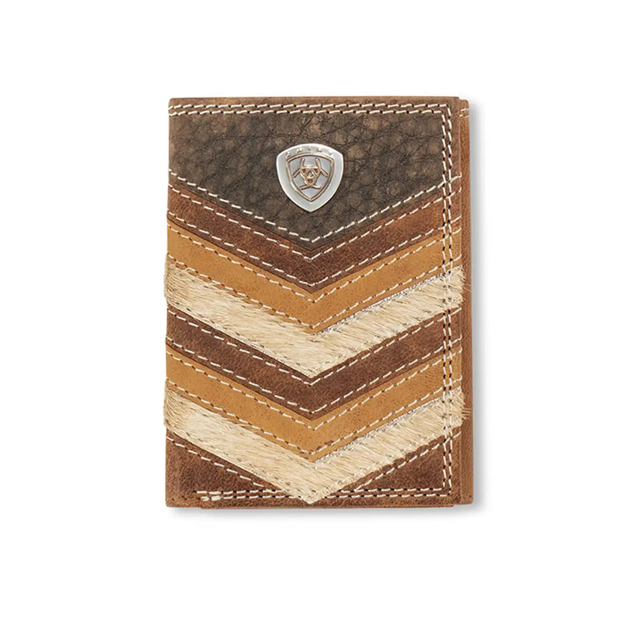 Ariat Men's Tri Fold Wallet - Genuine Hair On Leather with Chevron Patchwork Design in Brown/Tan | Perfect for Everyday Use, Travel & Gift Giving