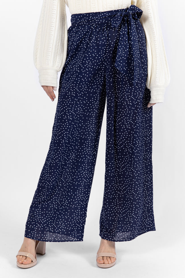 Over The Blues Navy Polka Dot Belted Wide Leg Pants for Women - High Waisted Comfortable Lounge & Office Pants - Perfect for Casual Wear, Work Outfits and Relaxing at Home