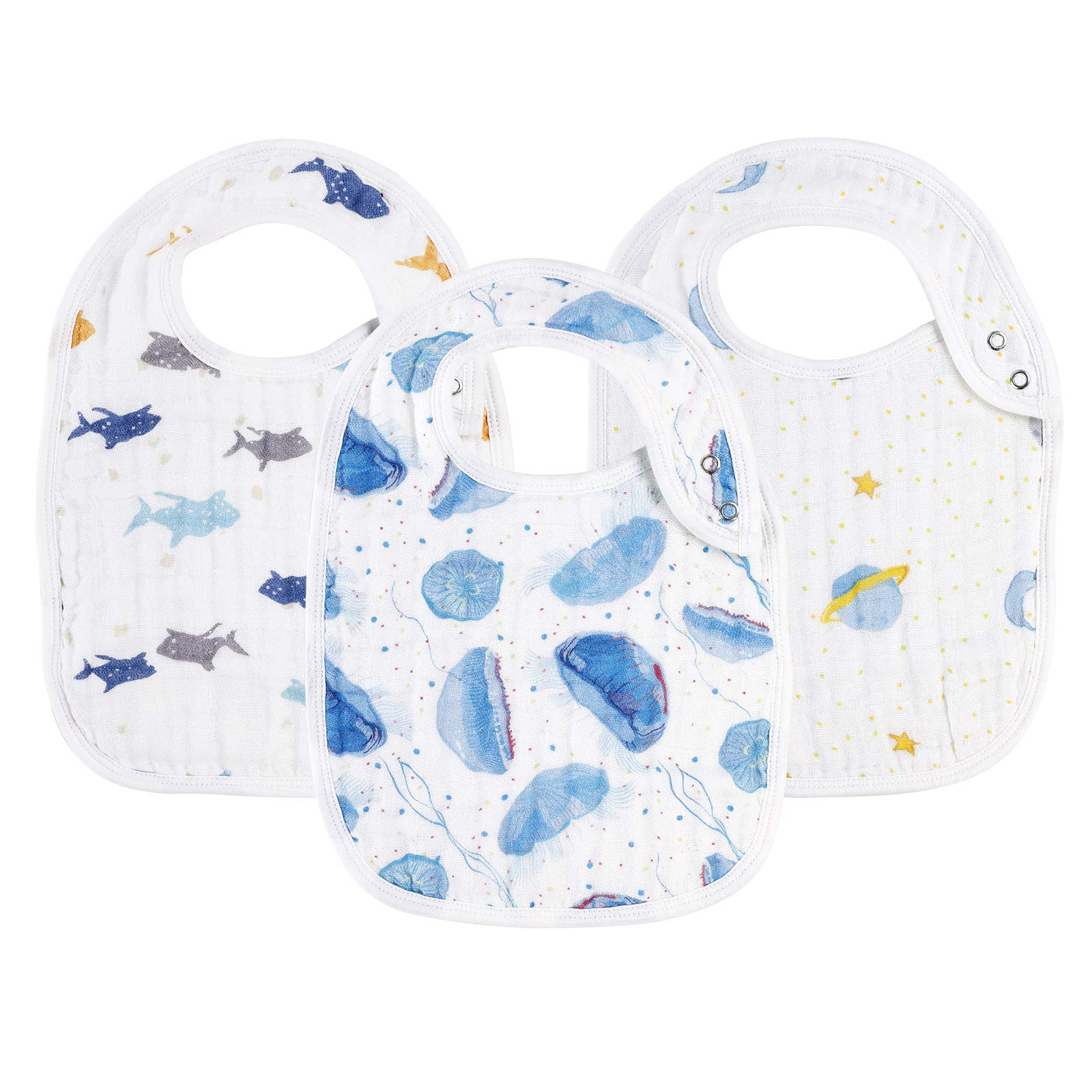Snap Muslin Bibs for Baby Boys & Girls - 100% Cotton, 3-Layer Absorbent & Soft - Adjustable, Machine Washable Baby Bibs for Infants, Newborns & Toddlers - Perfect for Feeding, Drooling & Playtime