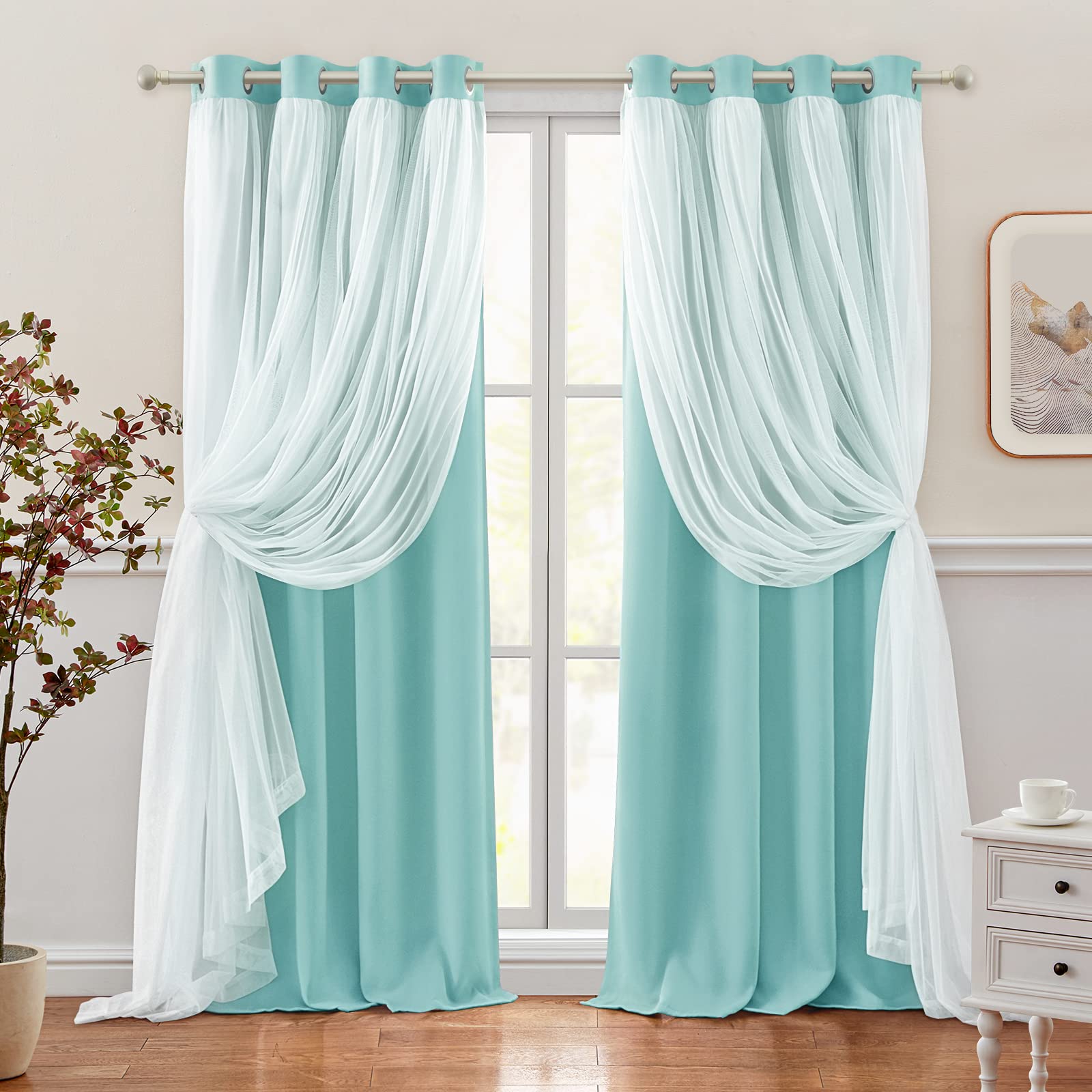 Double Layer Blackout Curtains with Sheer Overlay - 96 Inch Length, 2 Panels, Aqua Color for Girls Nursery & Kids Bedroom - Noise Reducing & Thermal Insulated Grommet Curtains - Perfect for Daytime Naps, Light Control & Room Decor