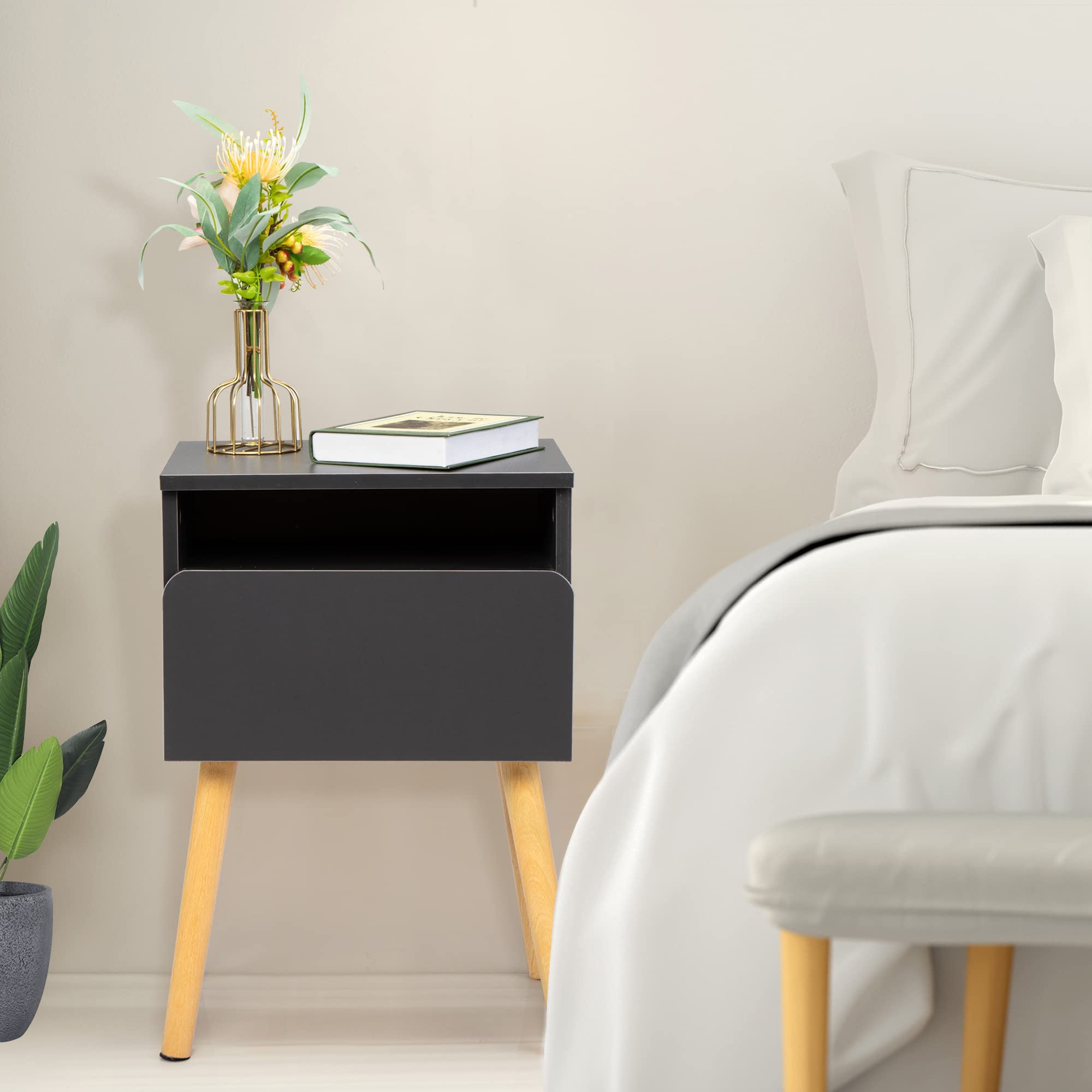 VERYKE Set of 2 Modern Wooden Nightstands - Bedside End Tables with Drawer & Open Shelf, Solid Wood Legs Accent Tables for Bedroom, Living Room & Office (Grey) - Perfect for Storing Books, Lamps & Bedroom Essentials