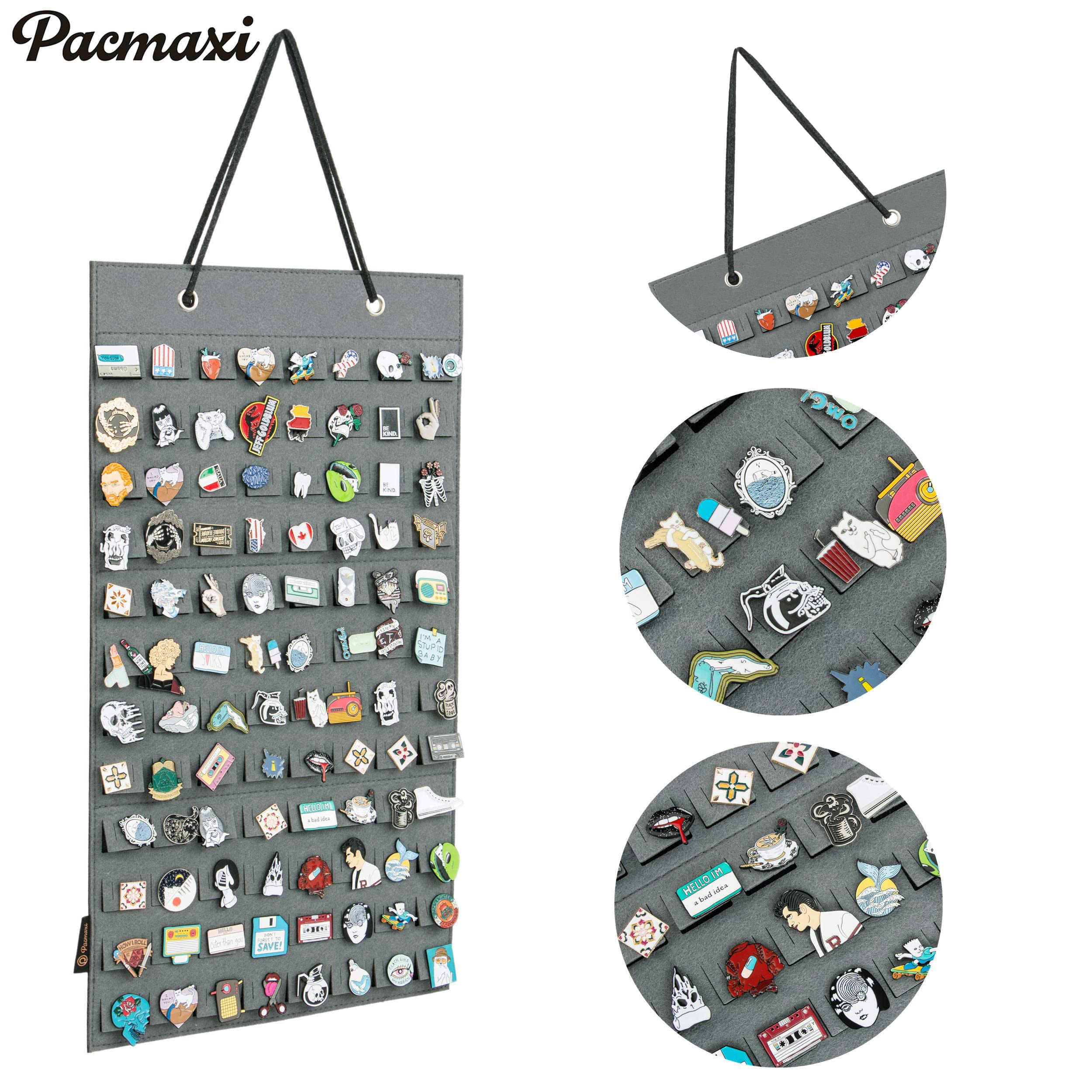 PACMAXI Hanging Brooch Pin Organizer - 96 Slot Jewelry Storage Case for Brooches, Pins & Badges | Compact Display Holder for Collectors & Organizers | Perfect for Home, Office & Travel (Grey)