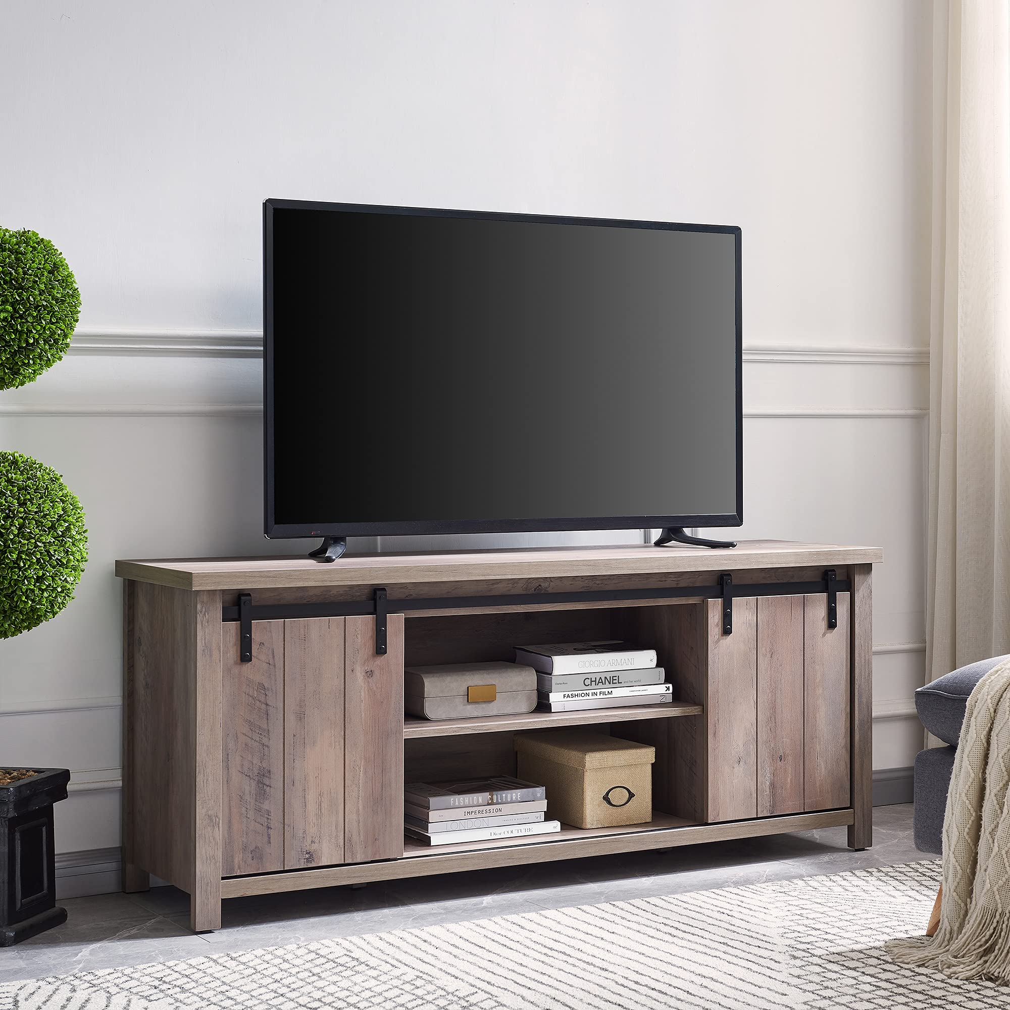 Deacon 65 Inch TV Stand - Modern Gray Oak Entertainment Center with Storage Shelves for Living Room, Bedroom & Home Theater Setup