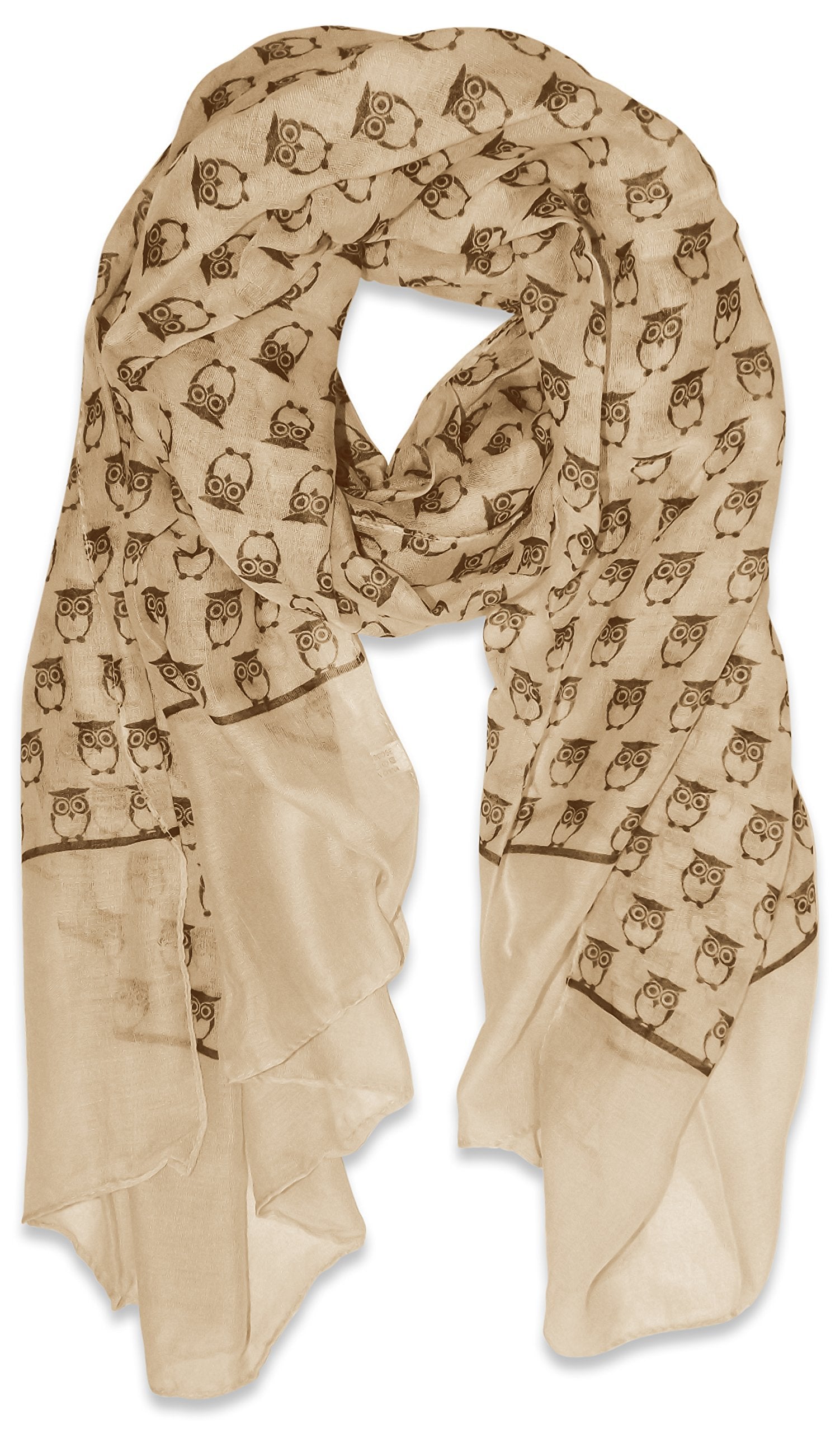 Stylish Tan Peach Summer Lightweight Soft Owl Printed Sheer Scarf Shawl - Perfect for Beach Outfits, Evening Wear & Boho Fashion Accessories
