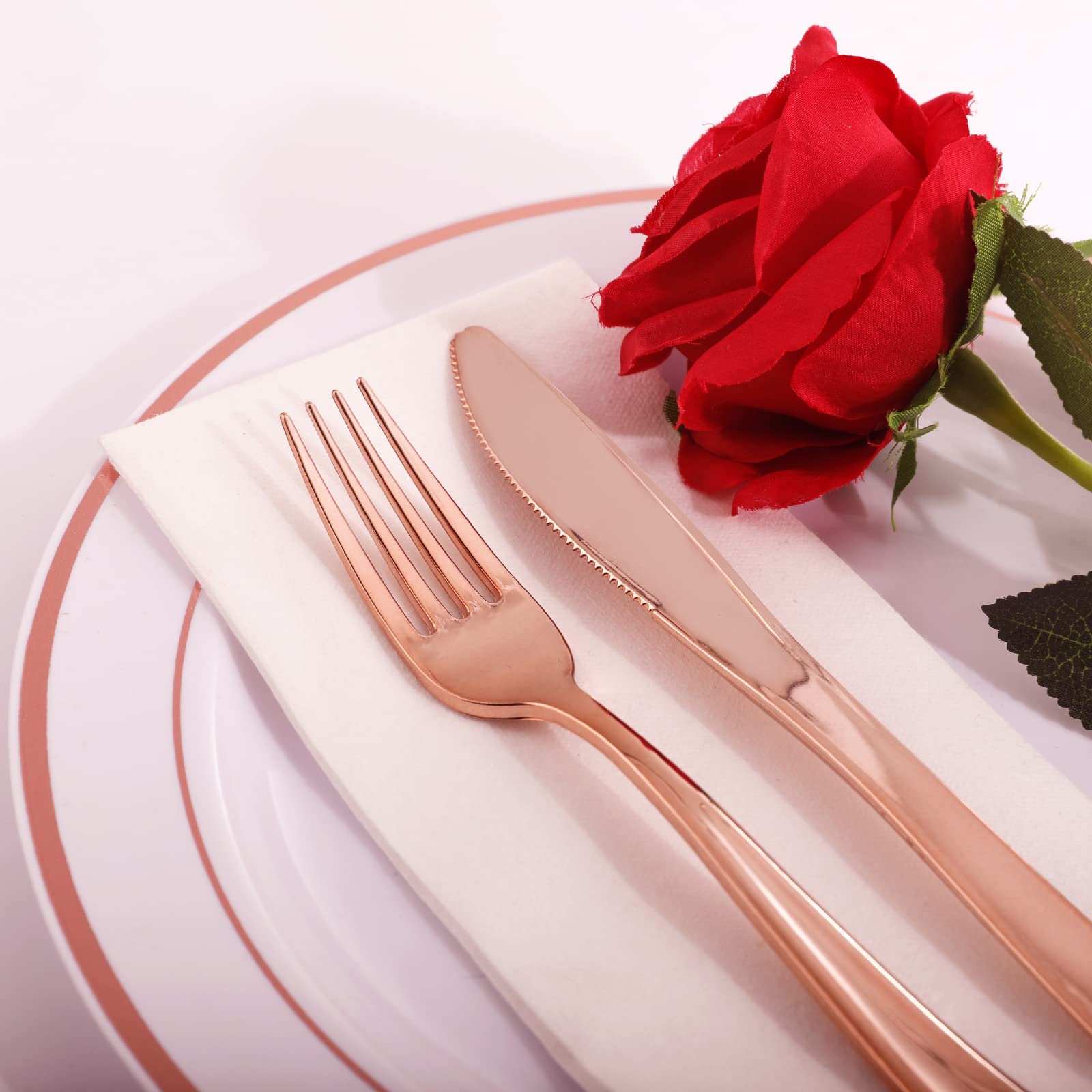 300-Piece Rose Gold Plastic Cutlery Set & 100-Piece Rose Gold Plastic Plates - Elegant Disposable Tableware for Weddings, Parties, and Special Events